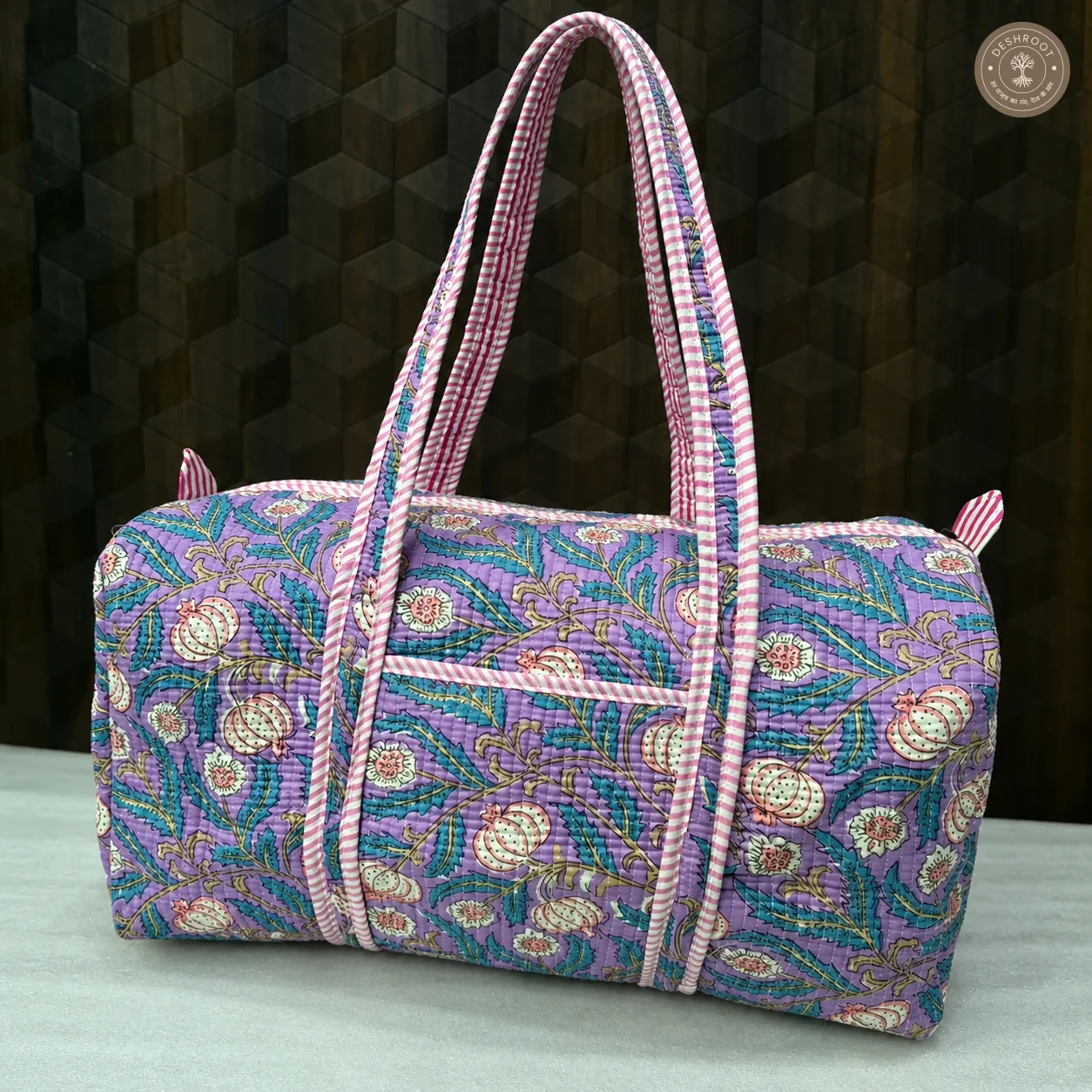Handcrafted Quilted Lavender Floral Cotton Duffel Bag