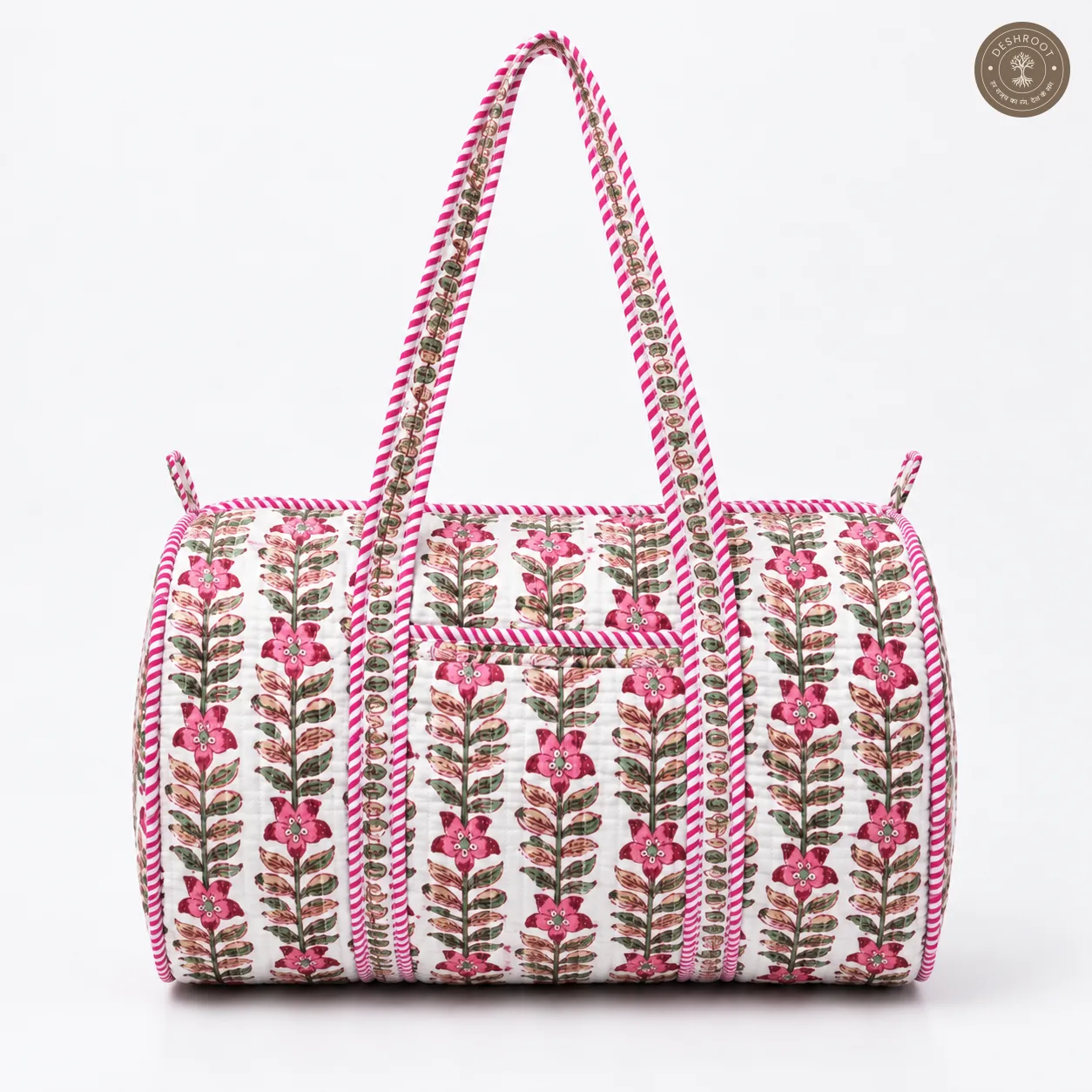 Handcrafted Quilted Pink Floral Block Print Cotton Duffel Bag