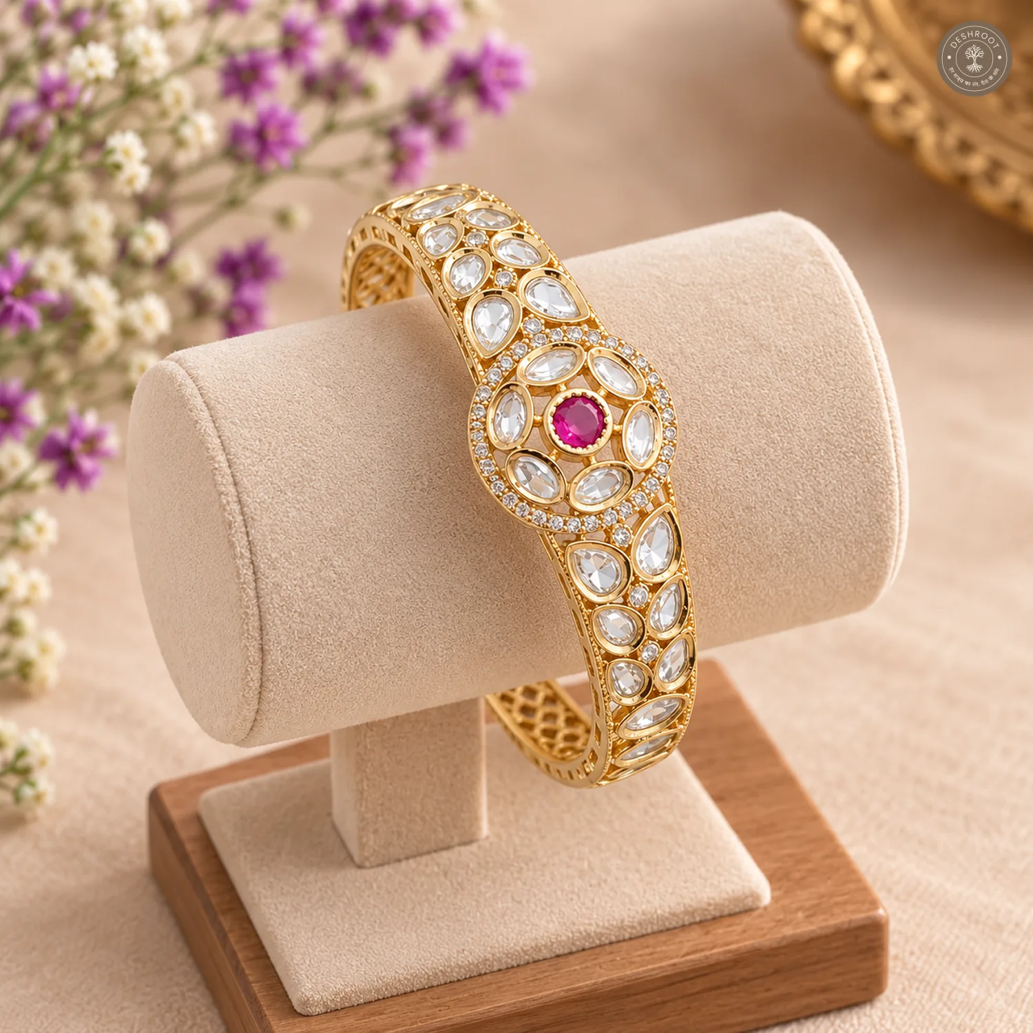 Pink Stone Floral Medallion Gold-Tone Kada Bracelet