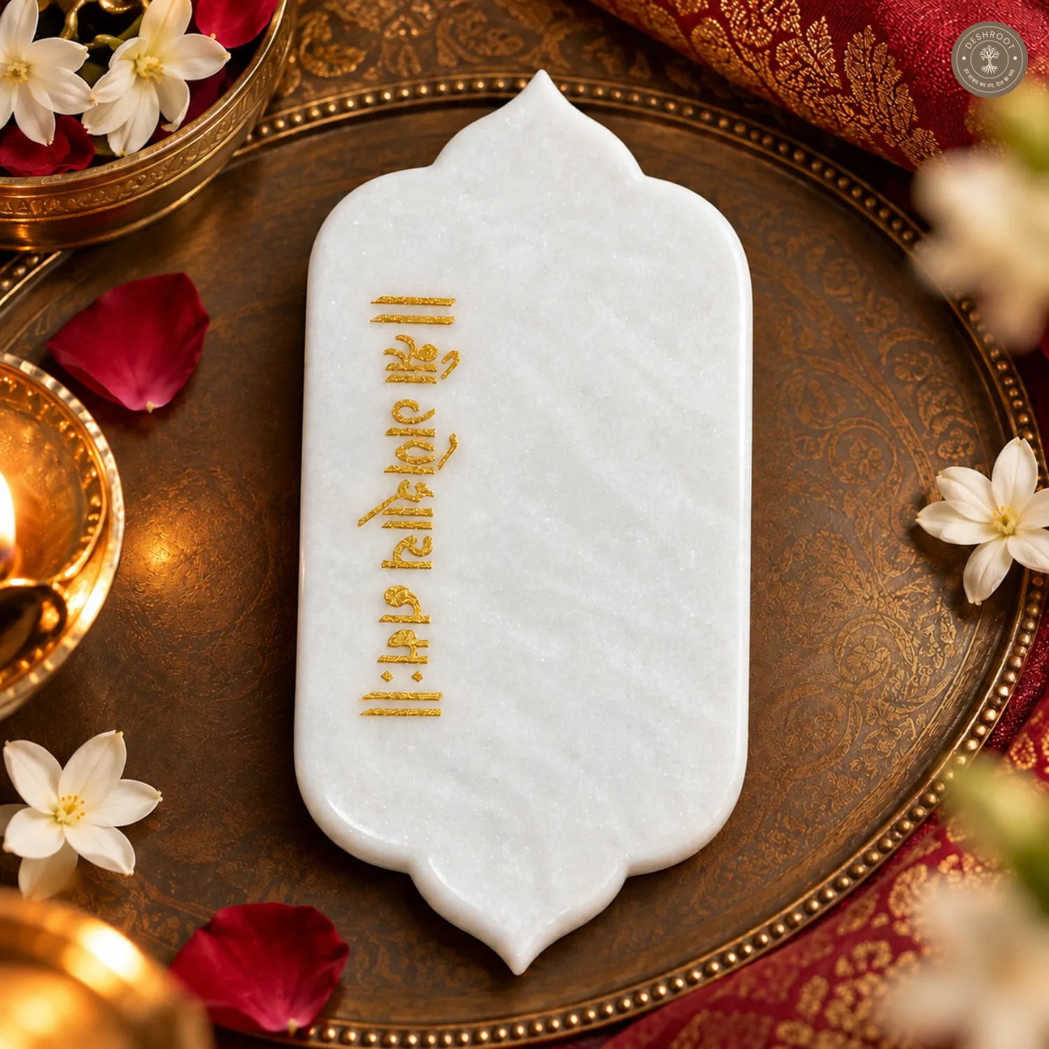 Premium White Marble Pooja Chauki with Shri Ganeshay Namah Gold Engraving
