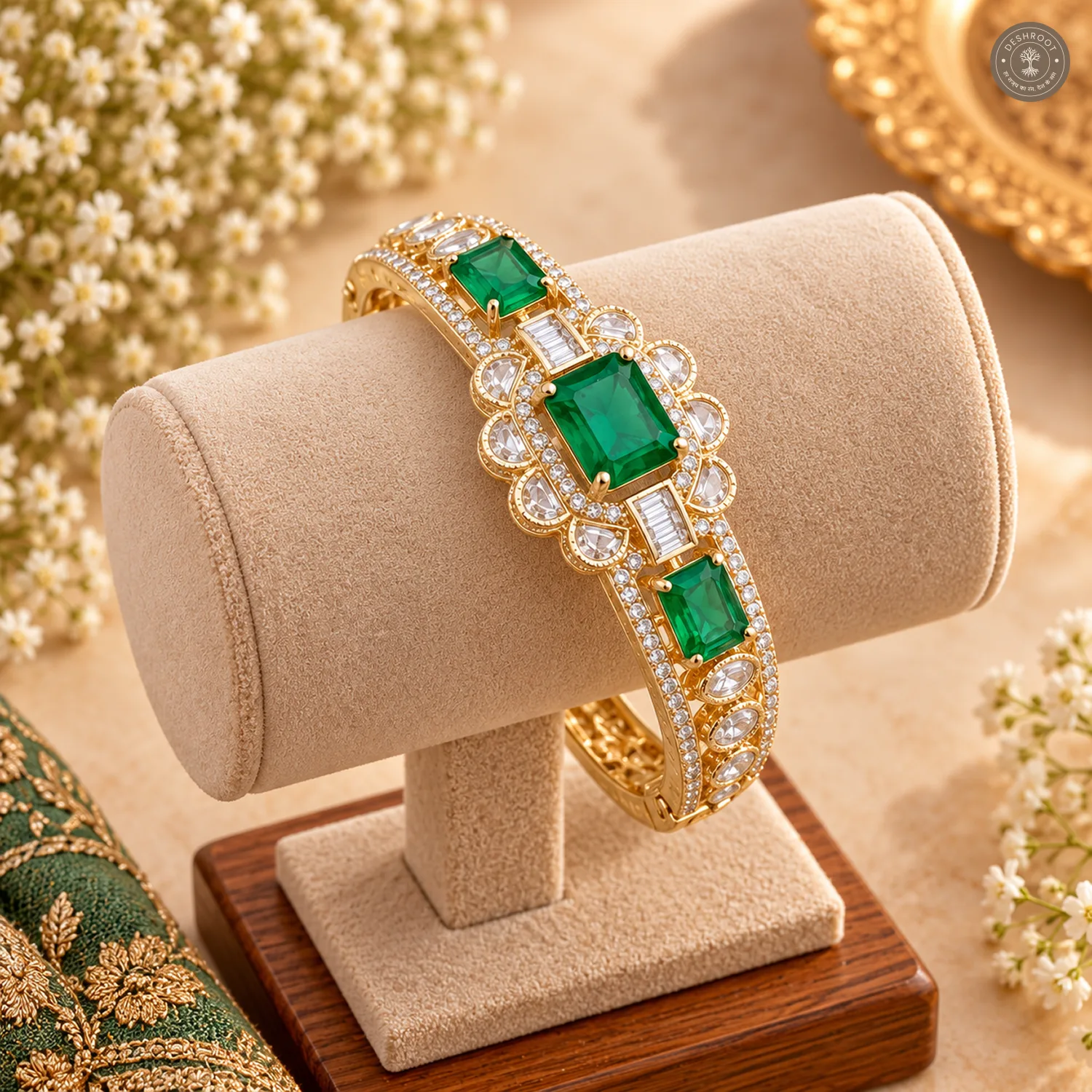 Emerald-Cut Triple Stone Scalloped Frame Gold-Tone Kada Bracelet