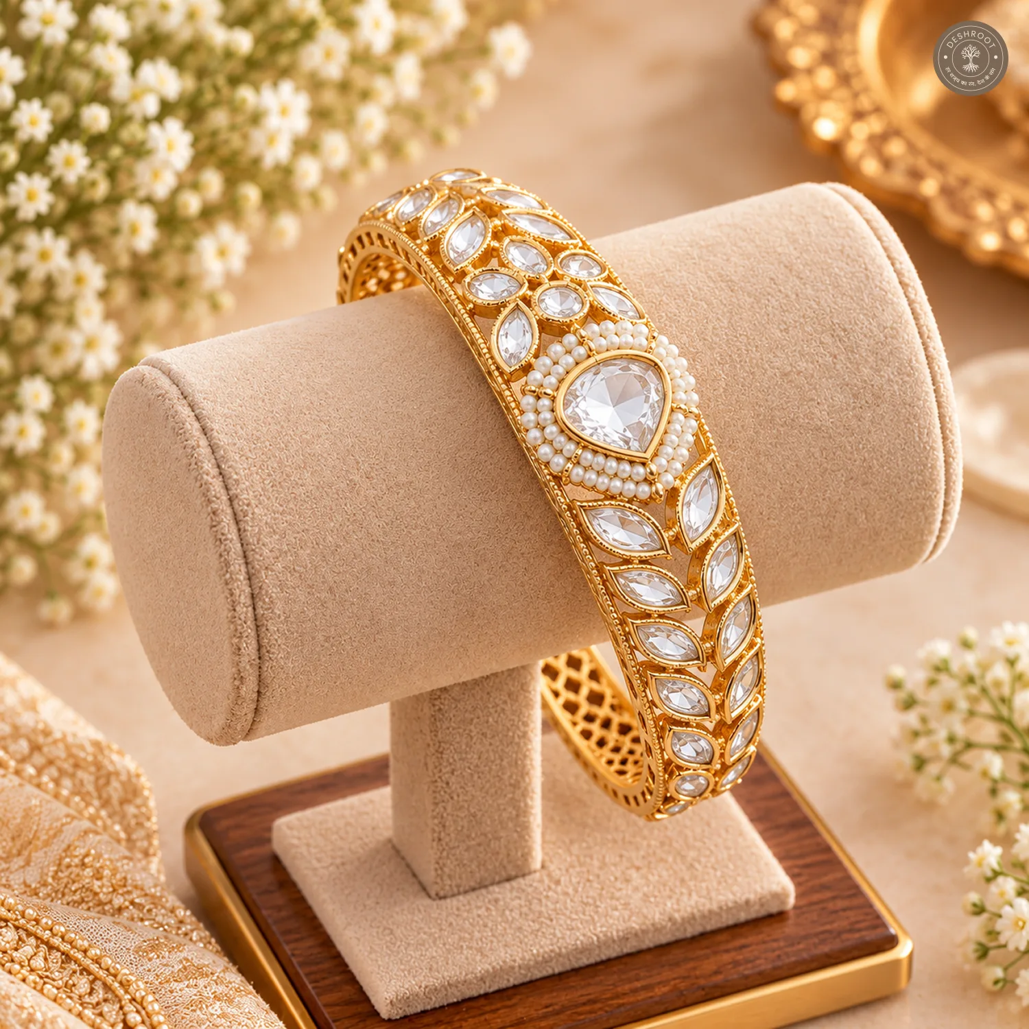 Pearl Halo Pear Stone Gold-Tone Kada Bracelet