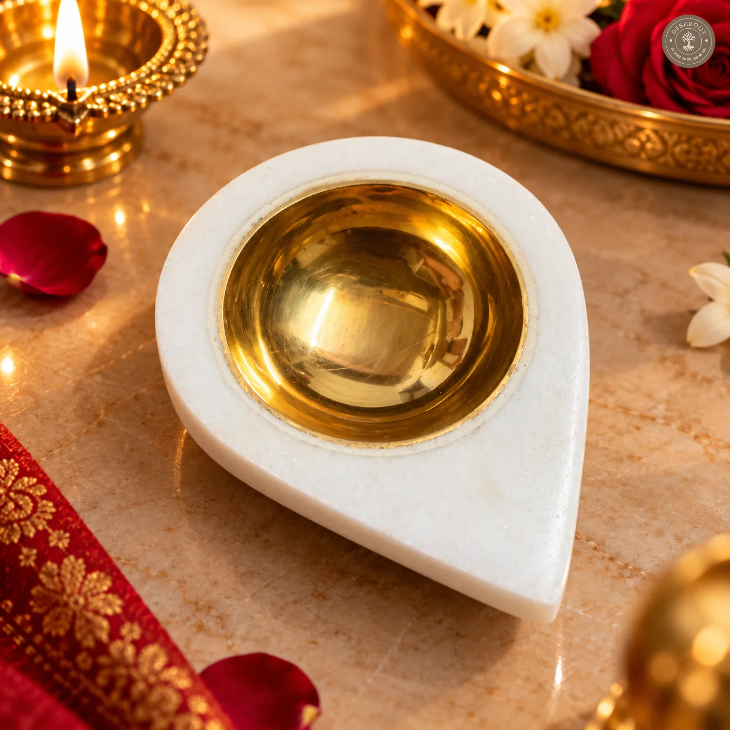 Premium White Marble Diya Holder with Brass Bowl