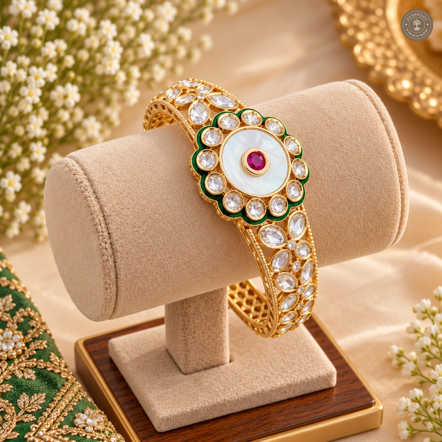 White Disc Green Enamel Scalloped Medallion Gold-Tone Kada Bracelet