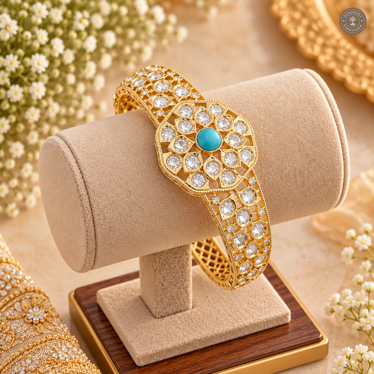 Turquoise Centre Octagon Medallion Openwork Gold-Tone Kada Bracelet