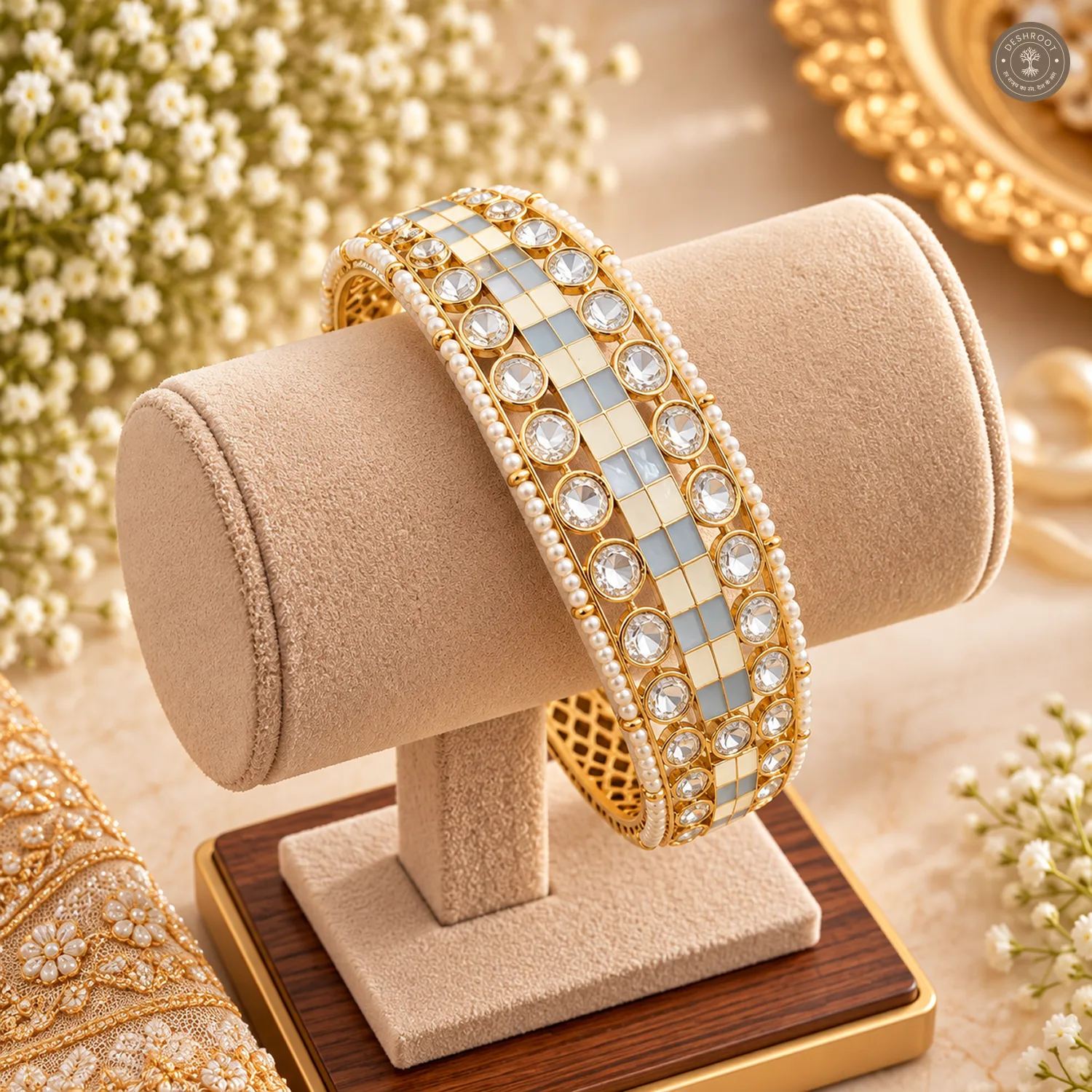 Blue Ivory Checkerboard Enamel Pearl Edge Gold-Tone Kada Bracelet