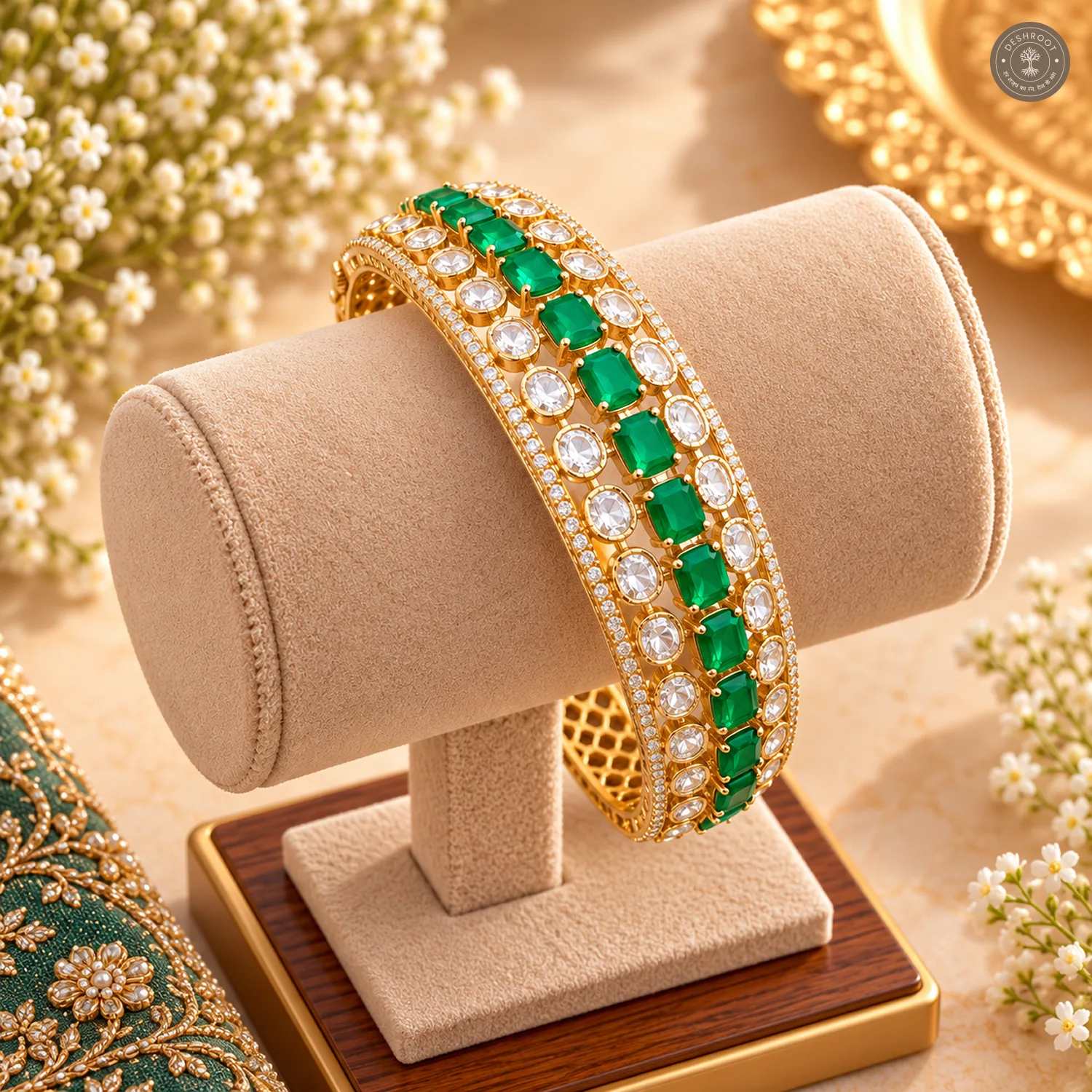 Green Emerald-Cut Stone Line Clear Kundan Gold-Tone Kada Bracelet