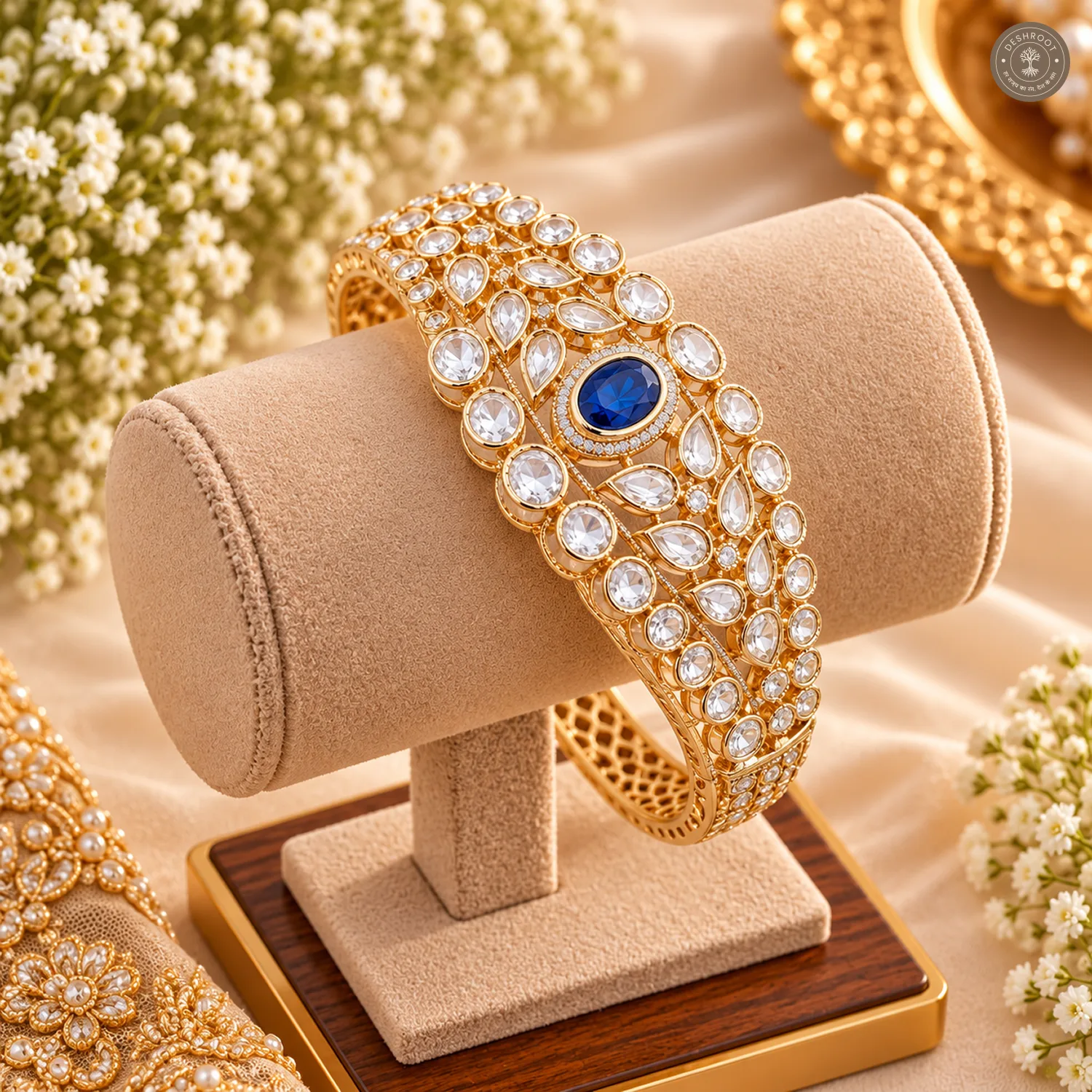 Blue Oval Centre Stone Leaf Cluster Clear Kundan Gold-Tone Kada Bracelet
