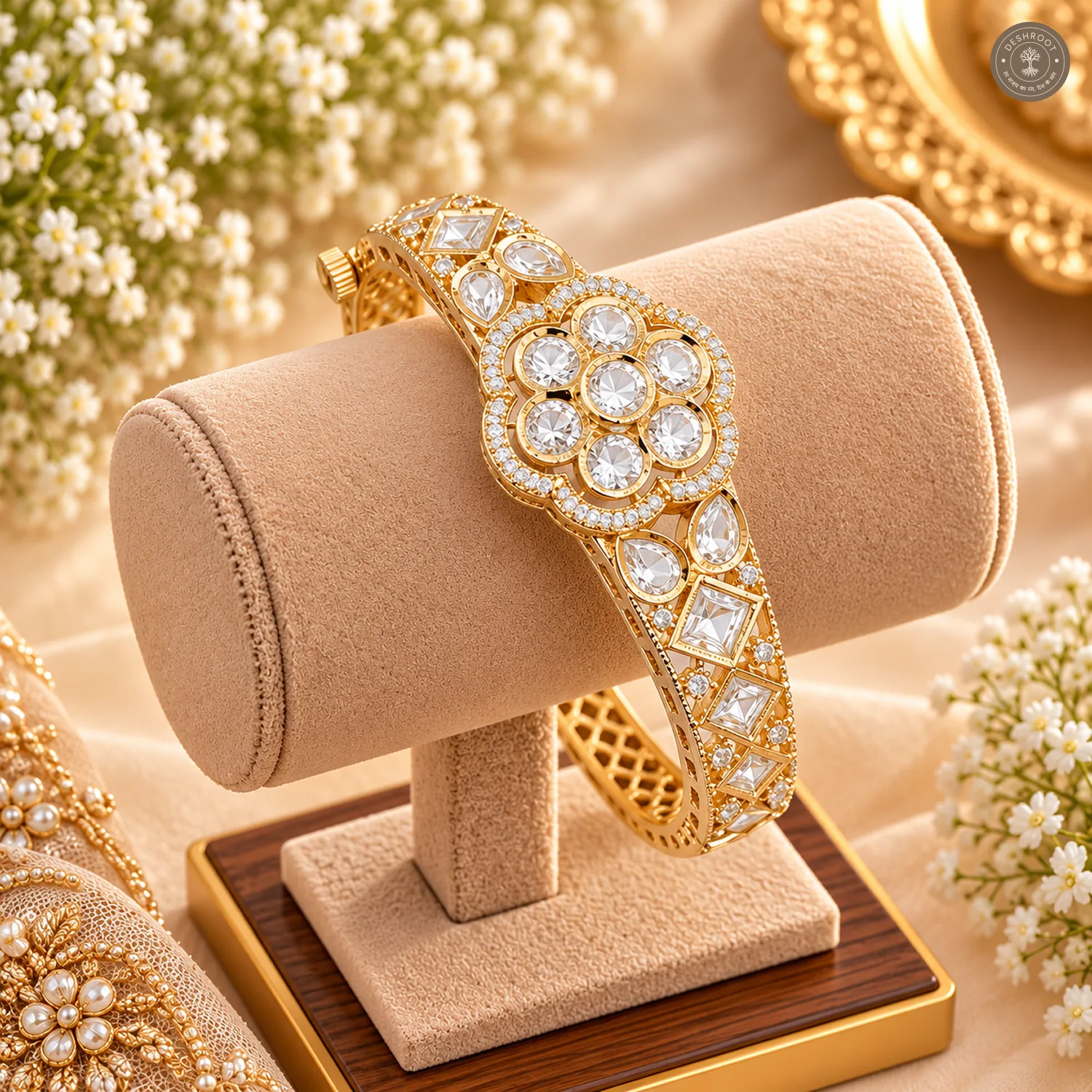 Clear Round Cluster Medallion Square Cut Accent Gold-Tone Kada Bracelet