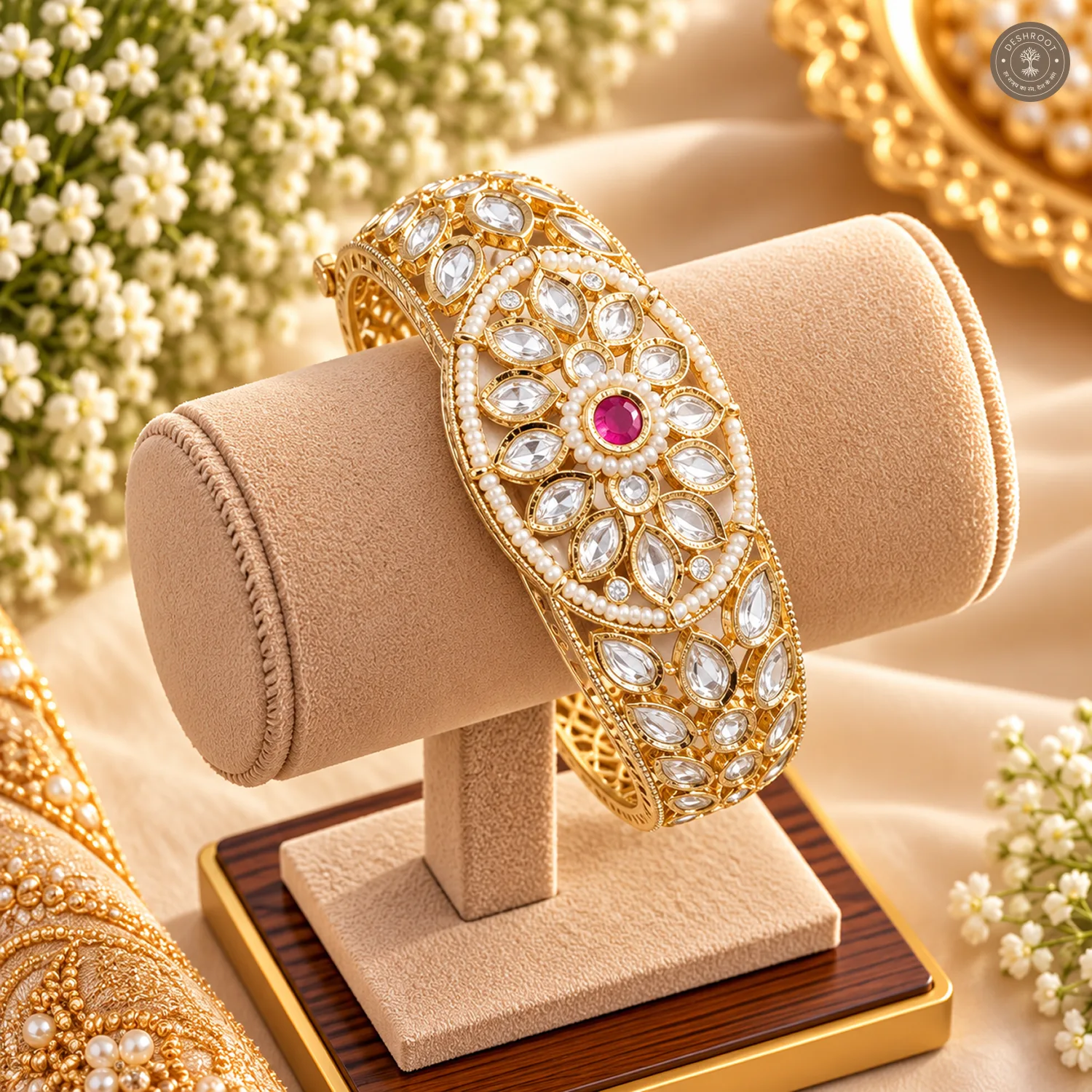 Marquise Petal Oval Medallion Pearl Ring Gold-Tone Kada Bracelet