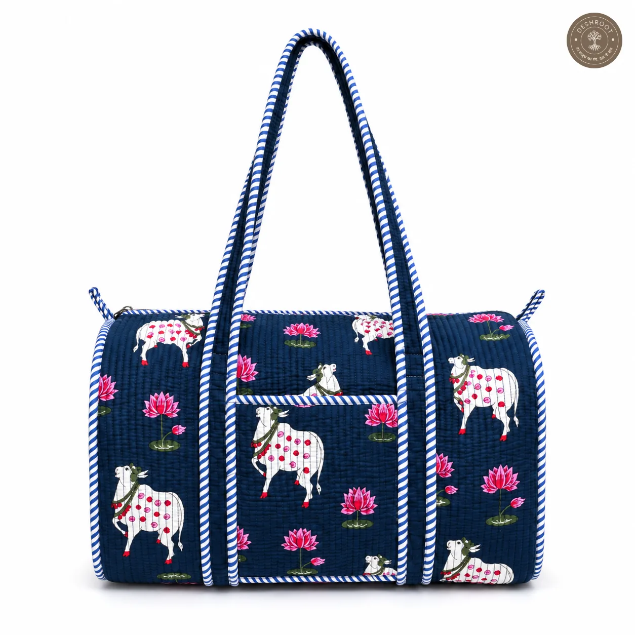 Handcrafted Quilted Blue Cotton Duffel Bag with Animal Print