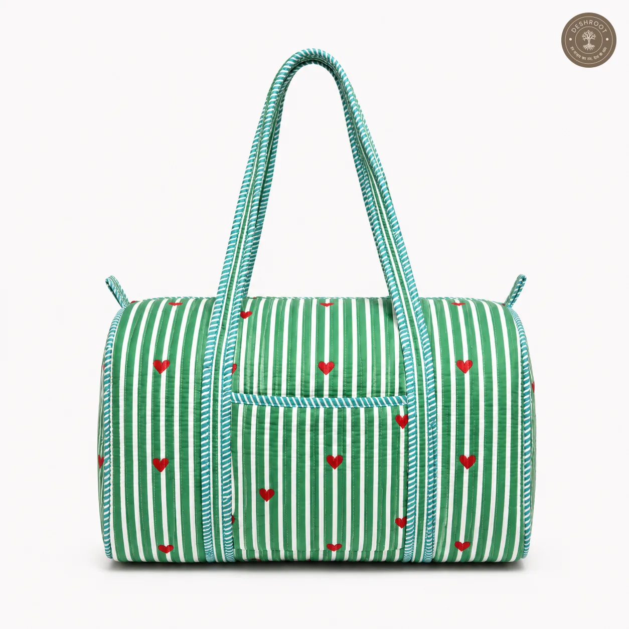 Handcrafted Quilted Green Striped Cotton Duffel Bag with Heart Print