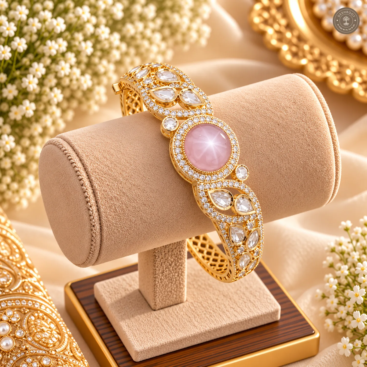 Round Cabochon Centre Stone Halo Teardrop Swirl Gold-Tone Kada Bracelet