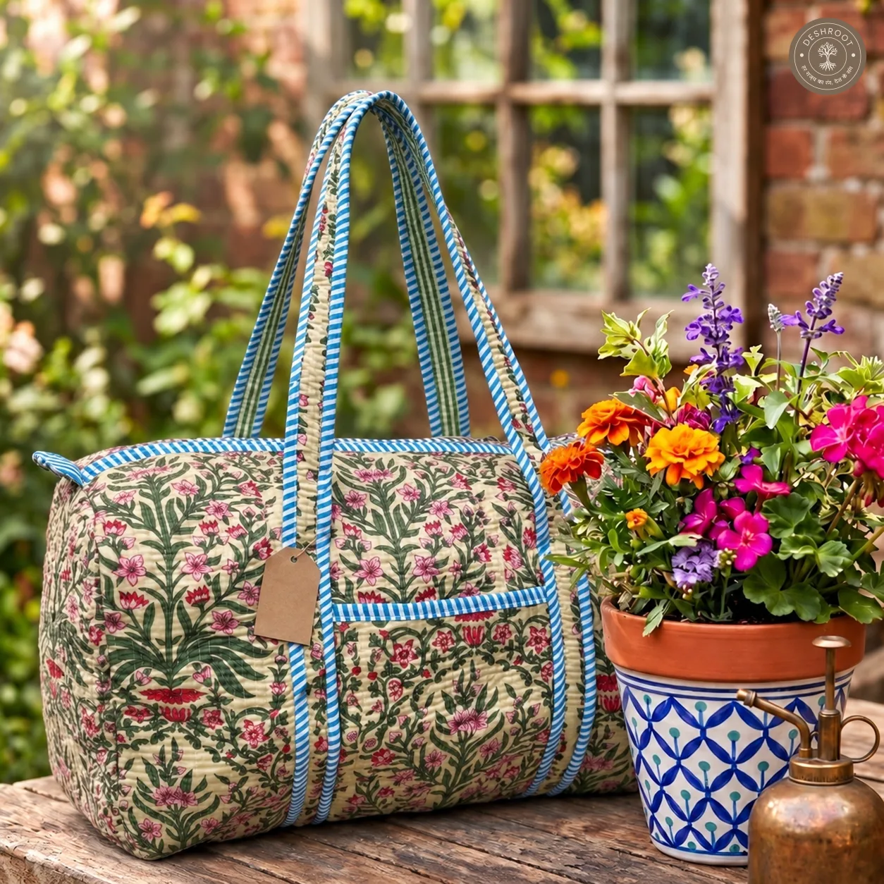 Handcrafted Quilted Floral Cotton Duffel Bag