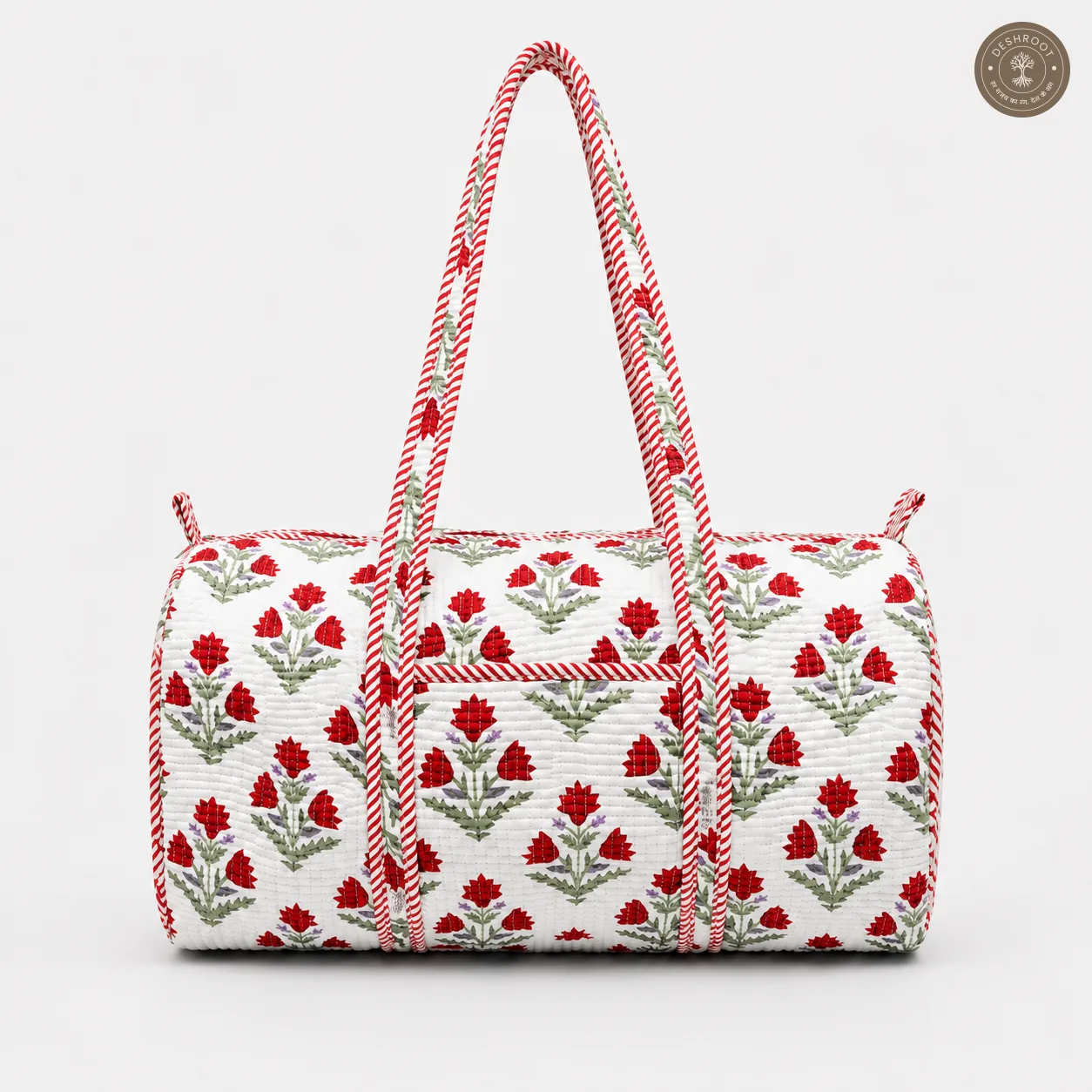 Handcrafted Quilted Red Floral Cotton Duffel Bag