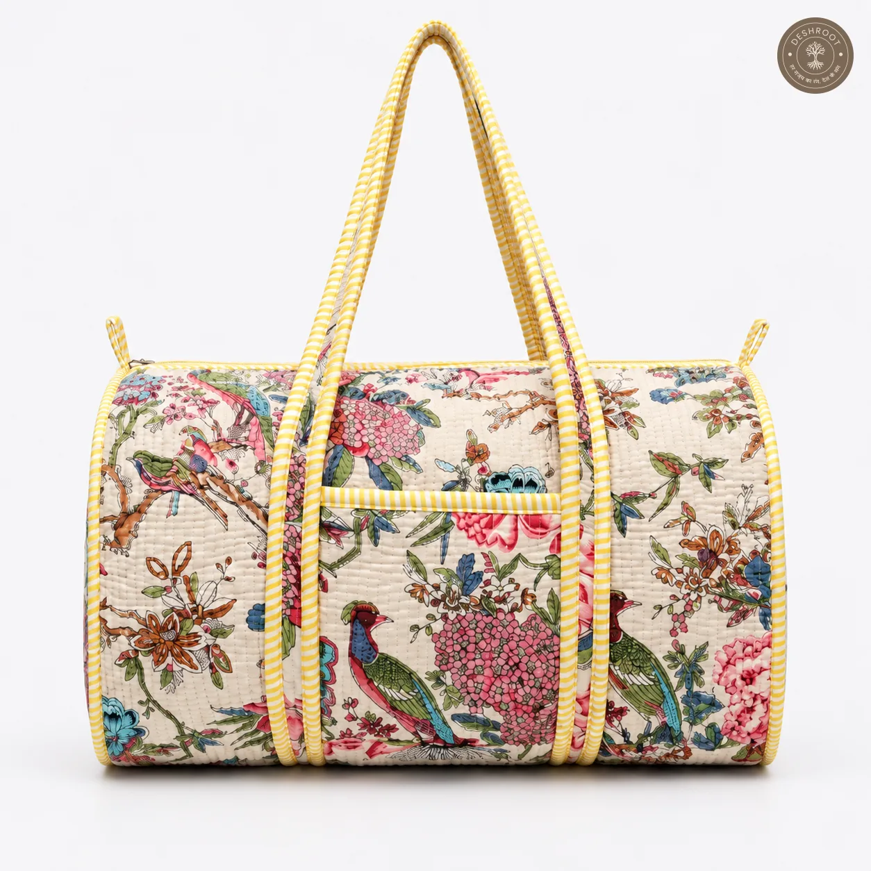 Handcrafted Quilted Vintage Floral & Bird Print Cotton Duffel Bag