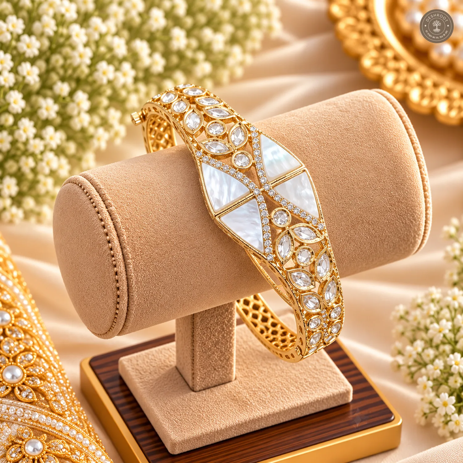 White Panel Criss-Cross Leaf Stone Gold-Tone Kada Bracelet