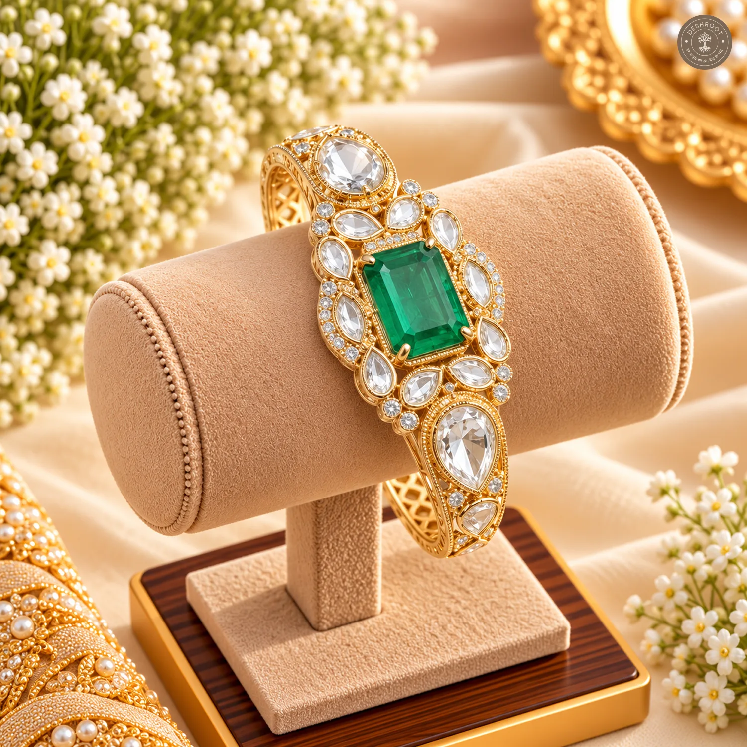 Emerald-Cut Centre Stone Cluster Gold-Tone Kada Bracelet