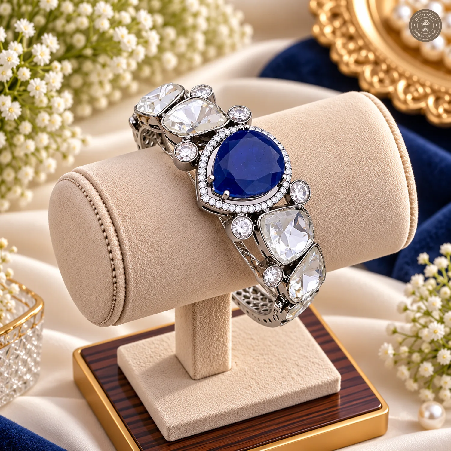 Blue Pear Centre Stone Silver-Tone Kada Bracelet