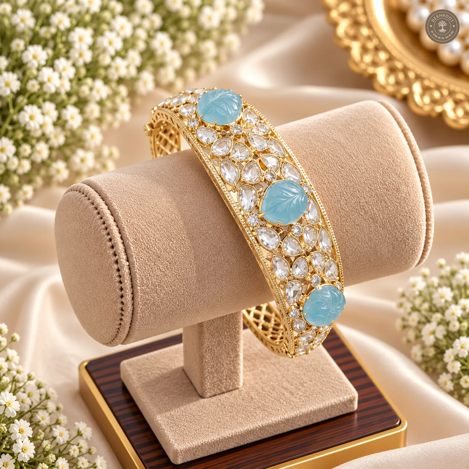 Carved Aqua Leaf Stone Gold-Tone Kada Bracelet
