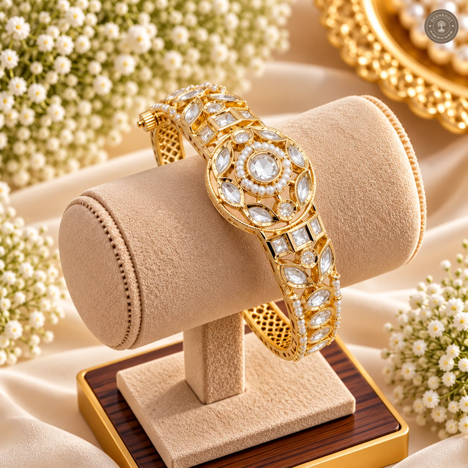 Round Medallion Square Stone Pearl Accent Gold-Tone Kada Bracelet