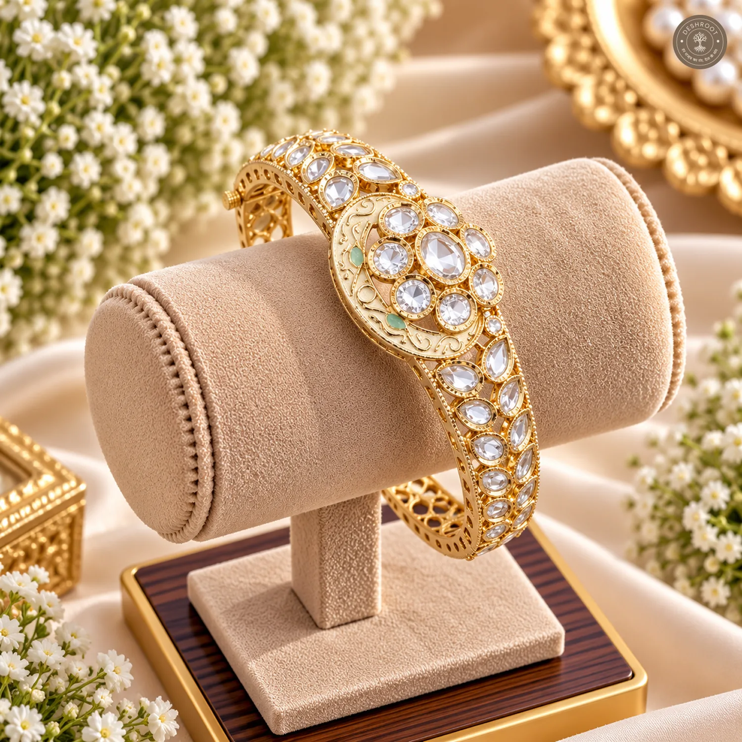 Ivory Enamel Disc Clear Stone Gold-Tone Kada Bracelet