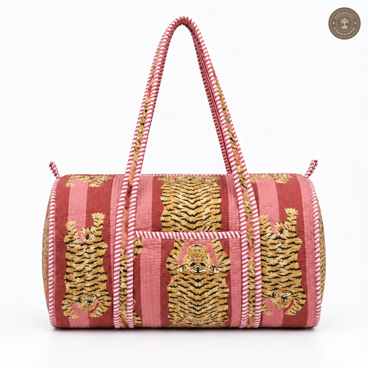 Handcrafted Quilted Tiger Print Cotton Duffel Bag