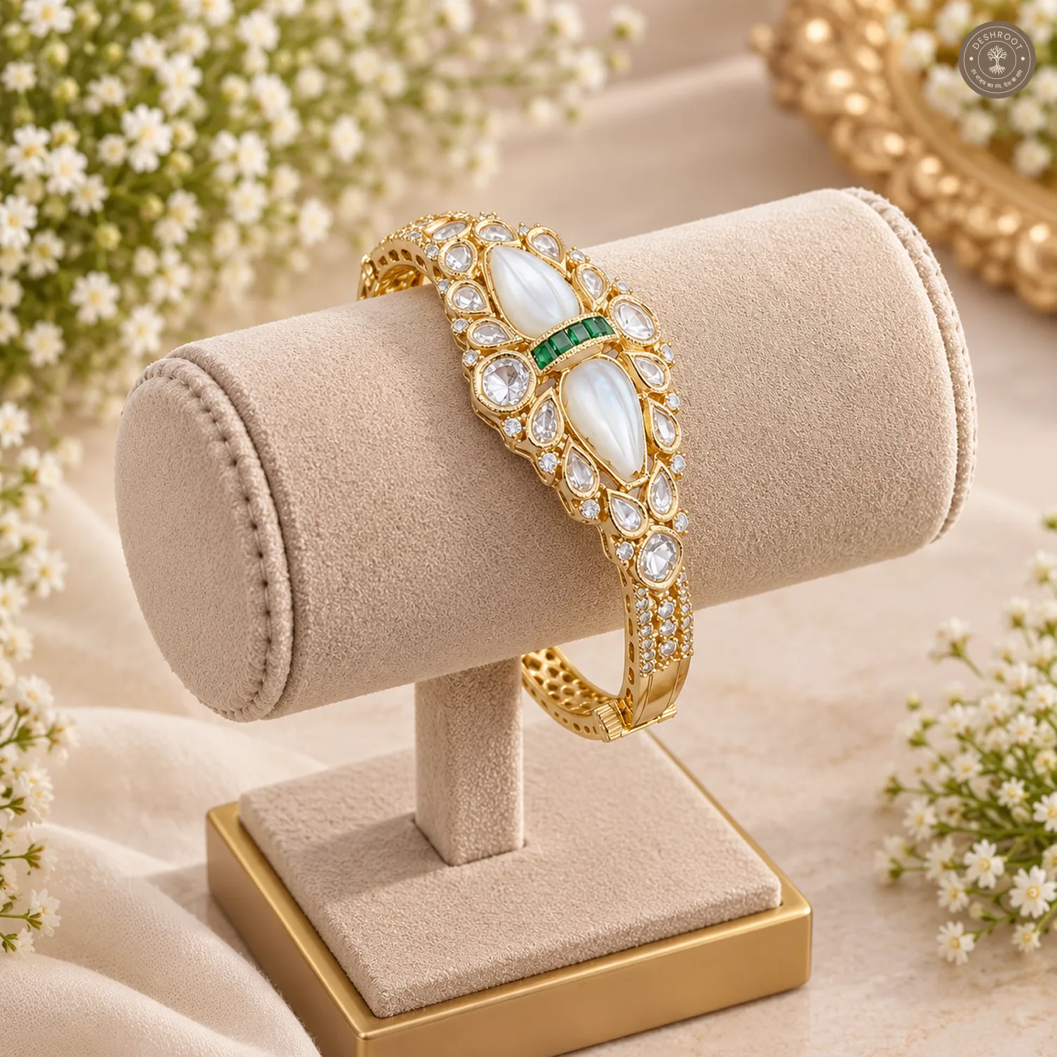 Twin White Teardrop Green Accent Gold-Tone Kada Bracelet