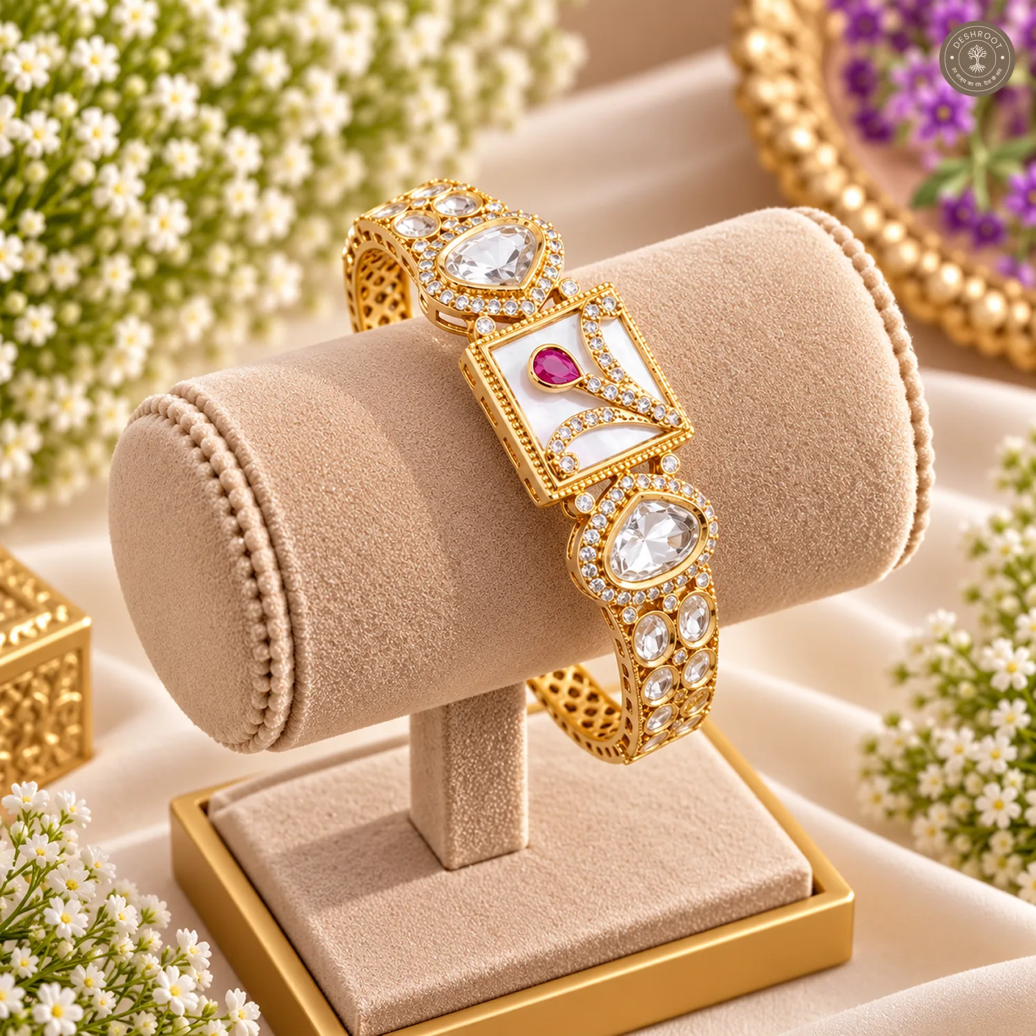 White Square Panel Pink Drop Gold-Tone Kada Bracelet