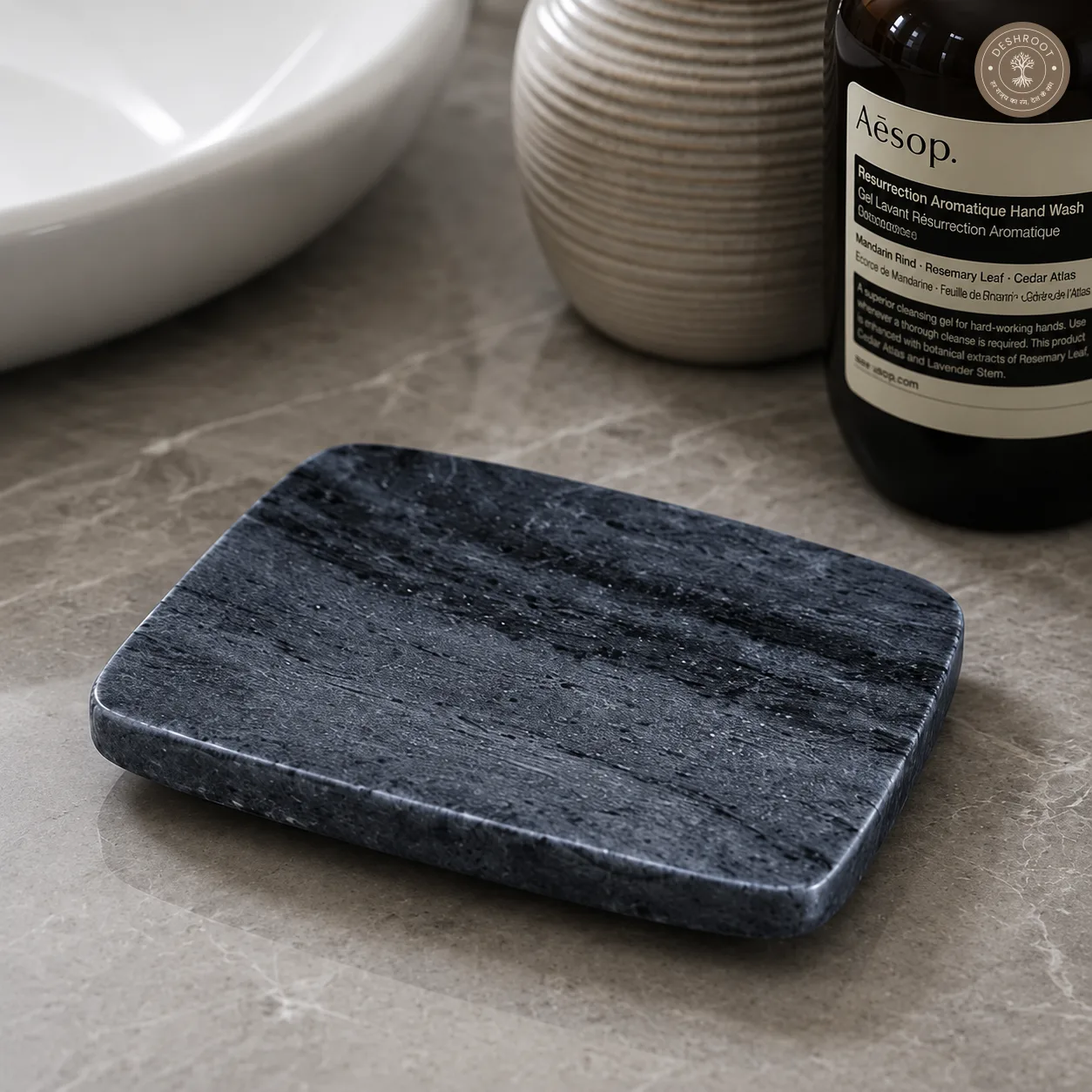 Handcrafted Agra Marble Craft Midnight Slate Marble Soap Dish Tray