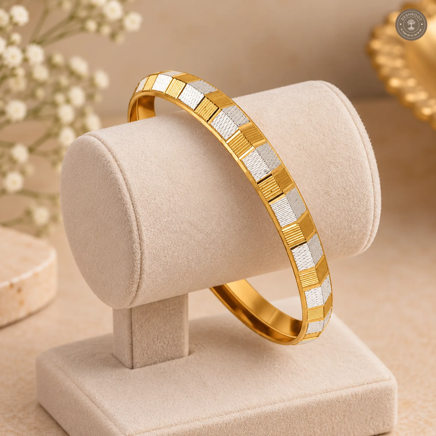 Dual-Tone Checkered Block Slim Bangle