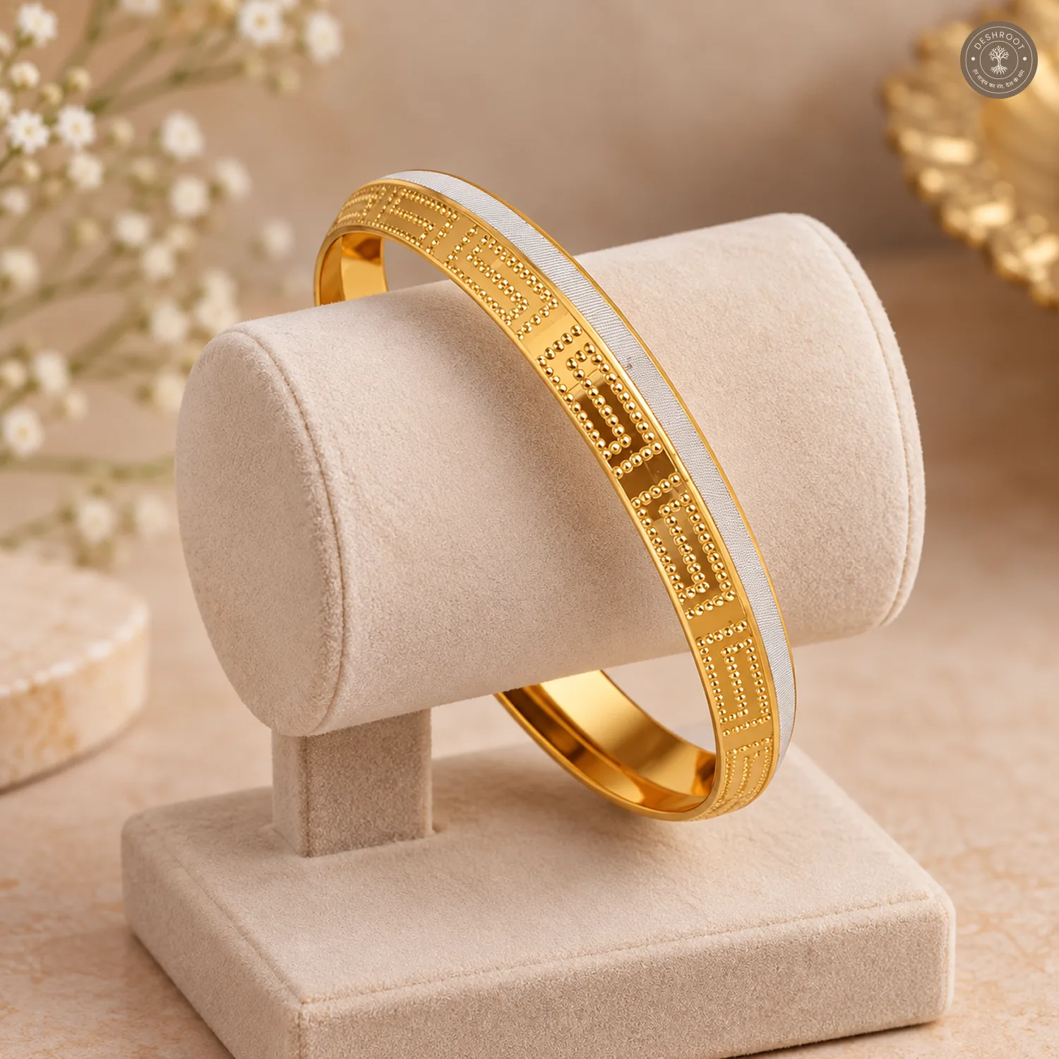 Gold-Tone Beaded Maze Pattern Silver Edge Bangle