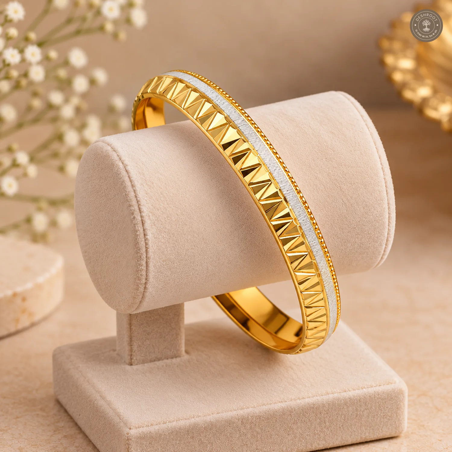 Gold-Tone Zigzag Cut Silver Strip Bangle