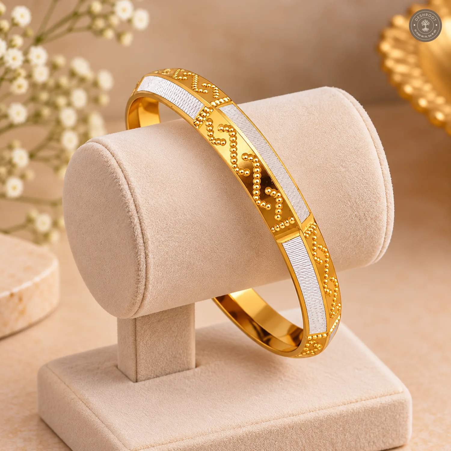 Beaded Wave Pattern Silver Panel Gold-Tone Bangle