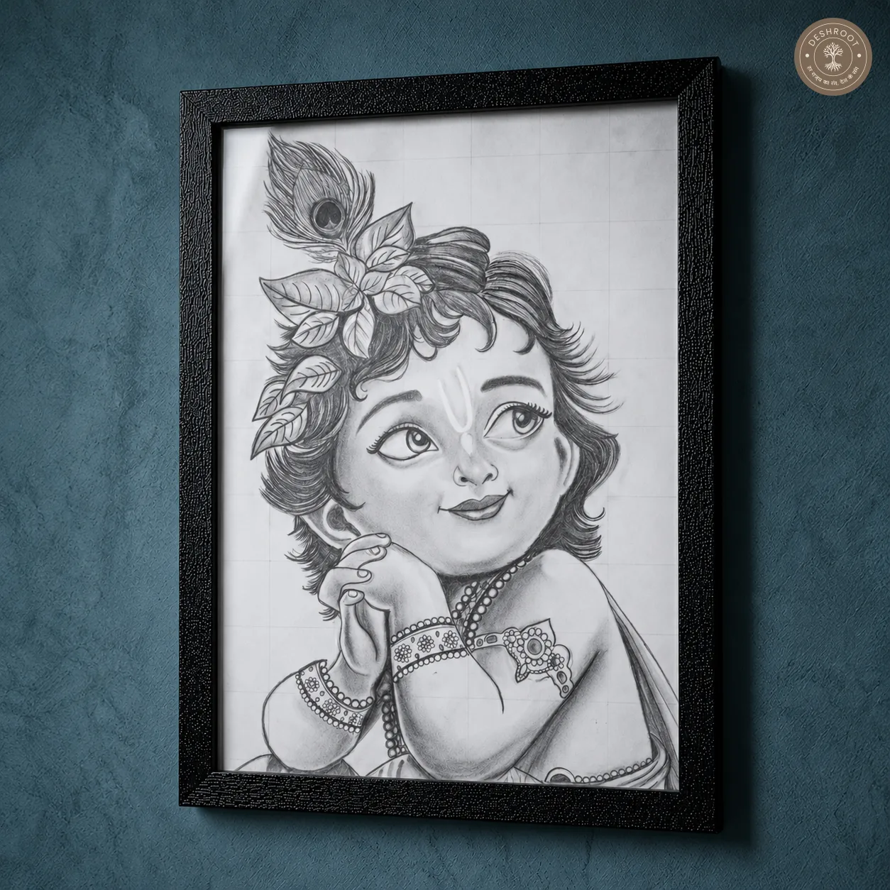 Handmade Little Krishna Pencil Sketch with Wooden Frame