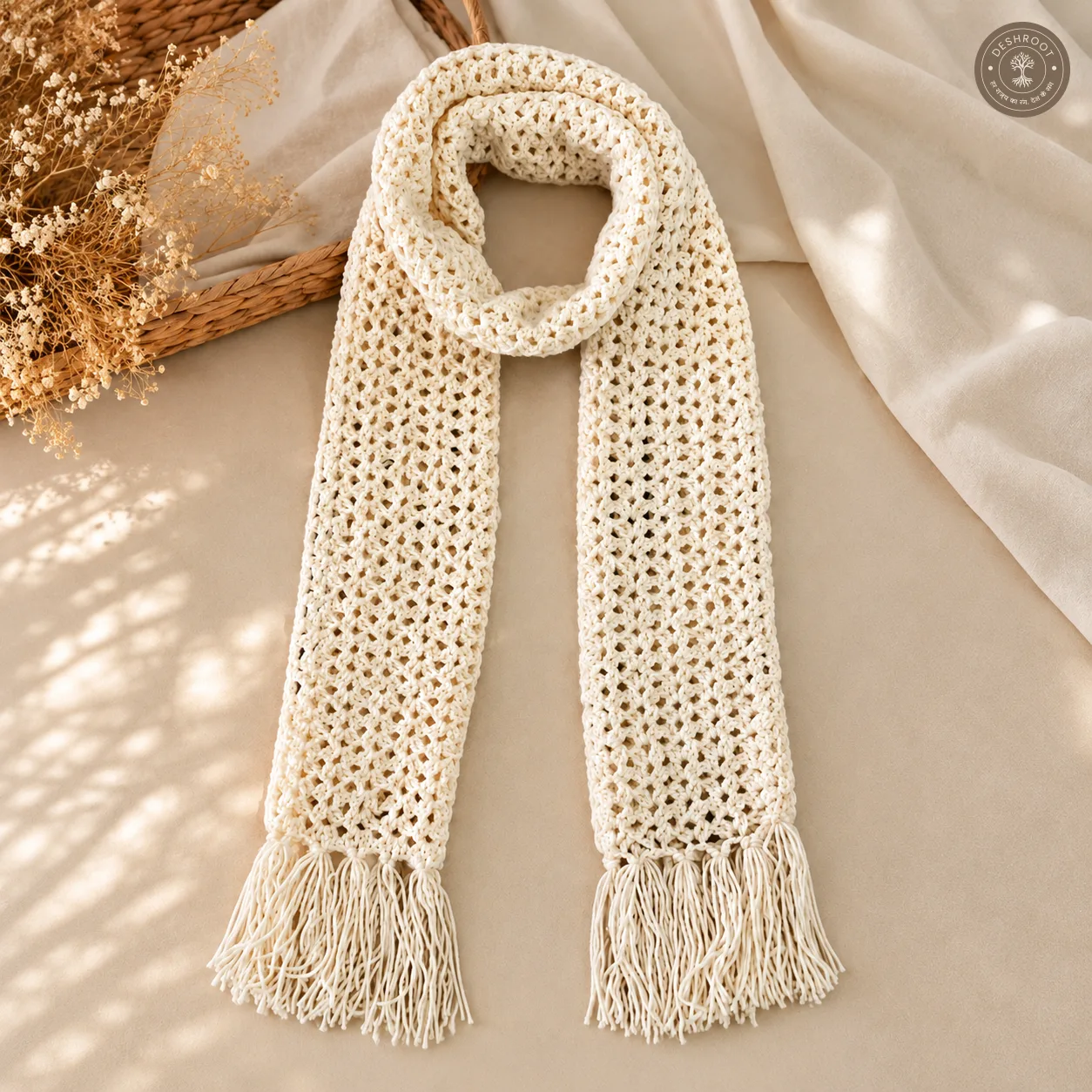 Handcrafted Cream Crochet Scarf for Women