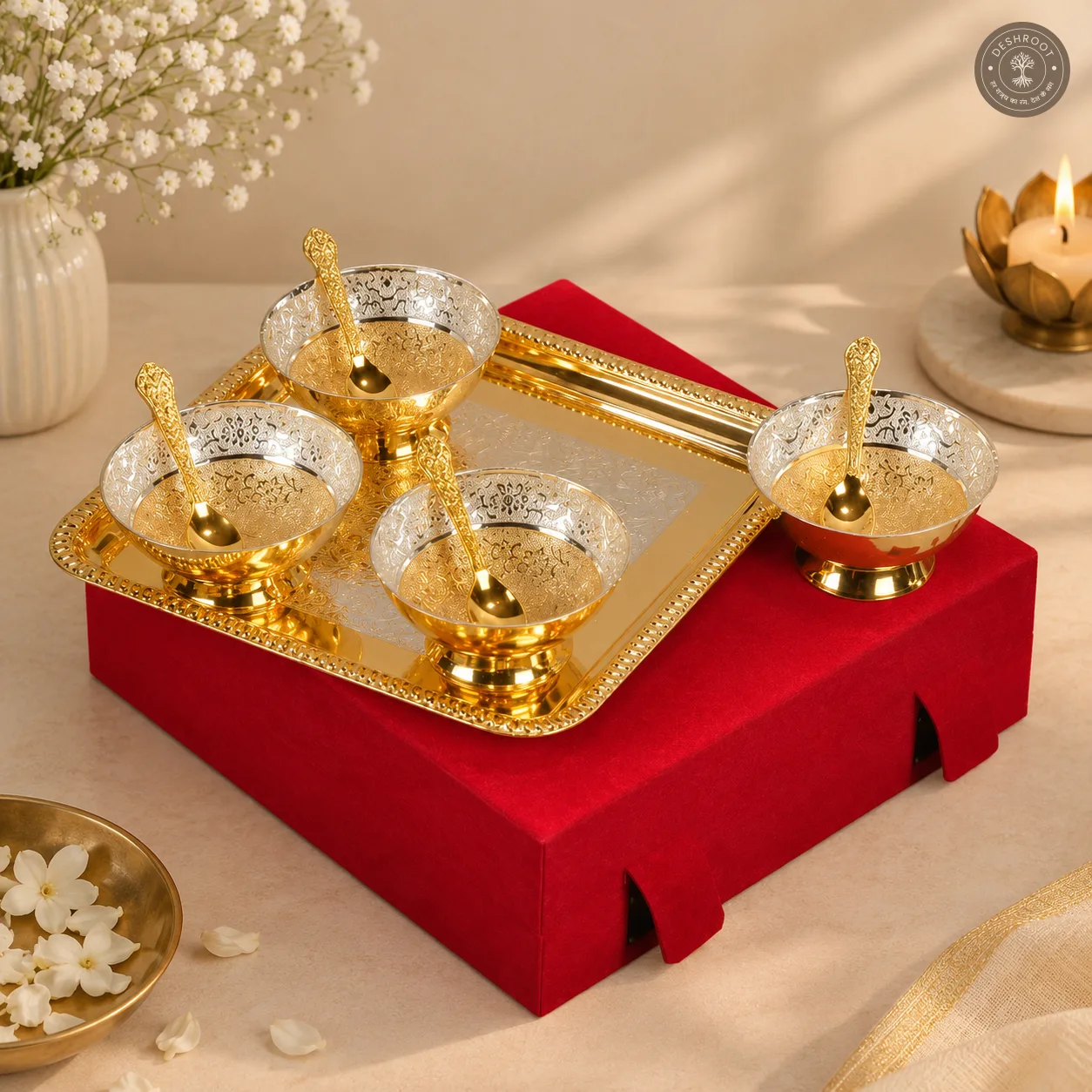 Golden Plated Pooja Serving Tray Set with 4 Bowls & Spoons