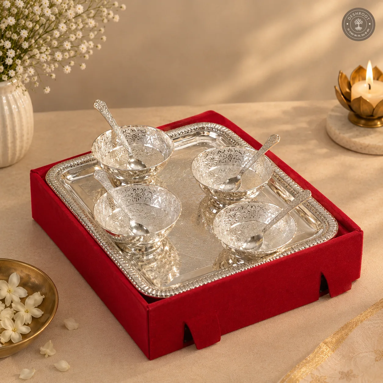 Silver Finish Gifting Tray Set with 4 Bowls and Spoons