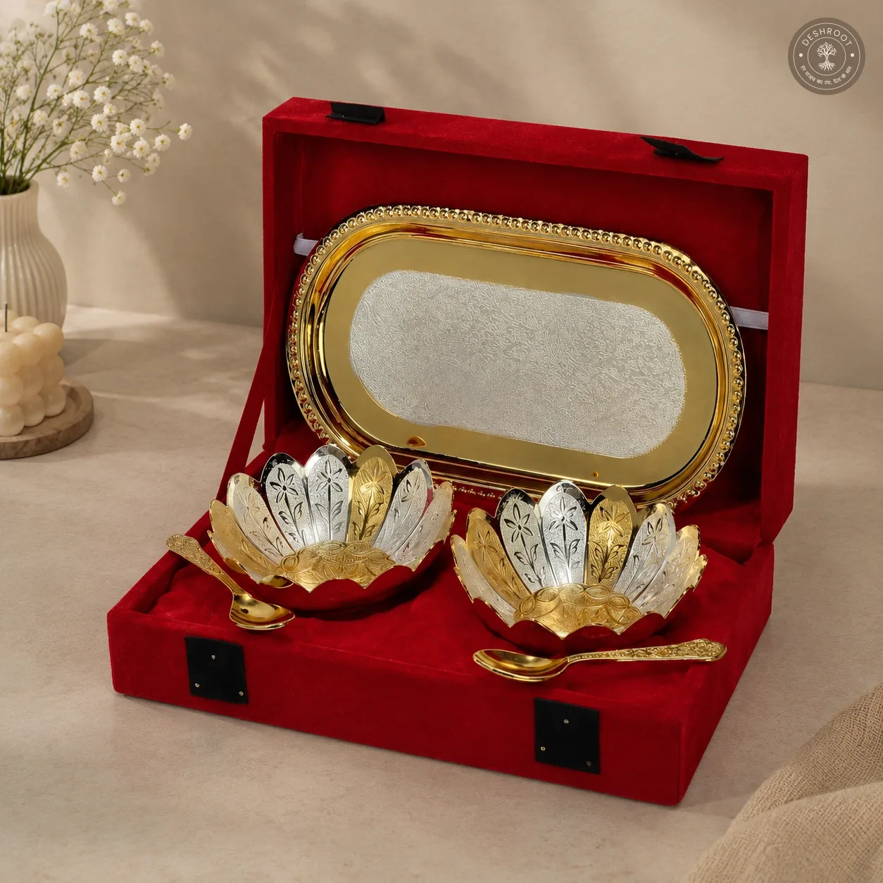 Golden Kamal Bowl Gift Set with Tray and Spoons