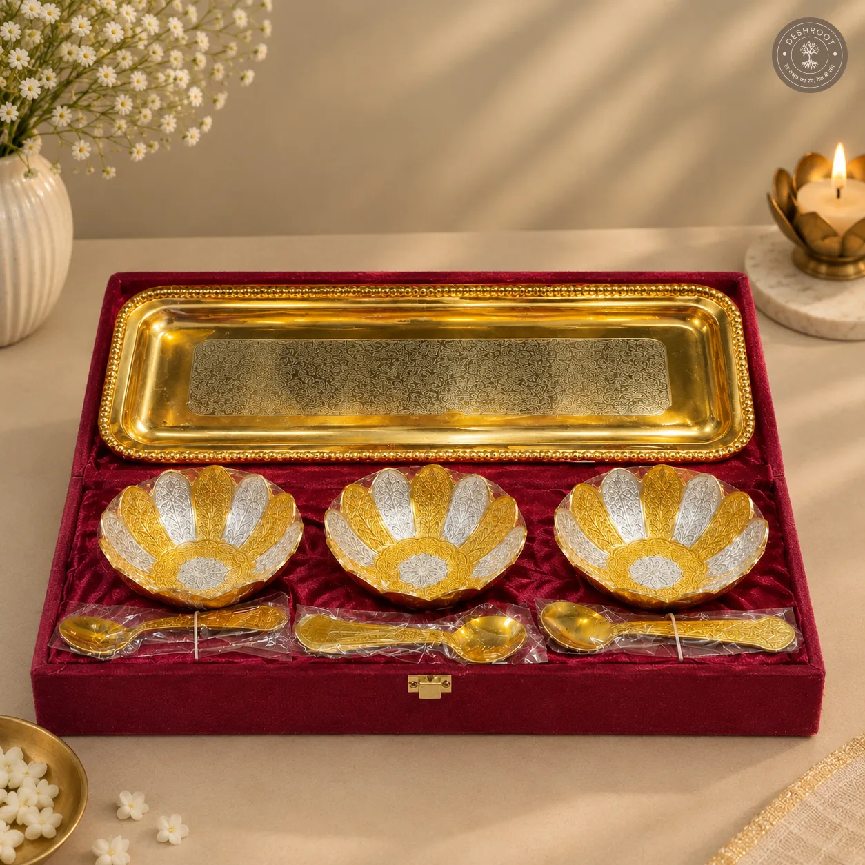 Golden Kamal Bowl Gift Set with 12 Inch Tray and Spoons