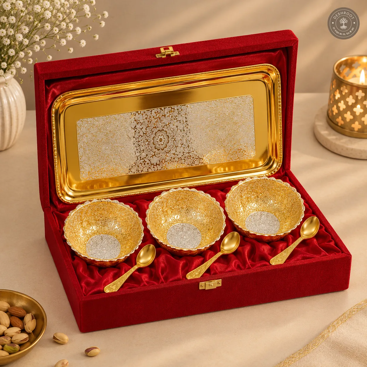 Golden Decorative Bowl Gift Set with 12 Inch Tray and Spoons