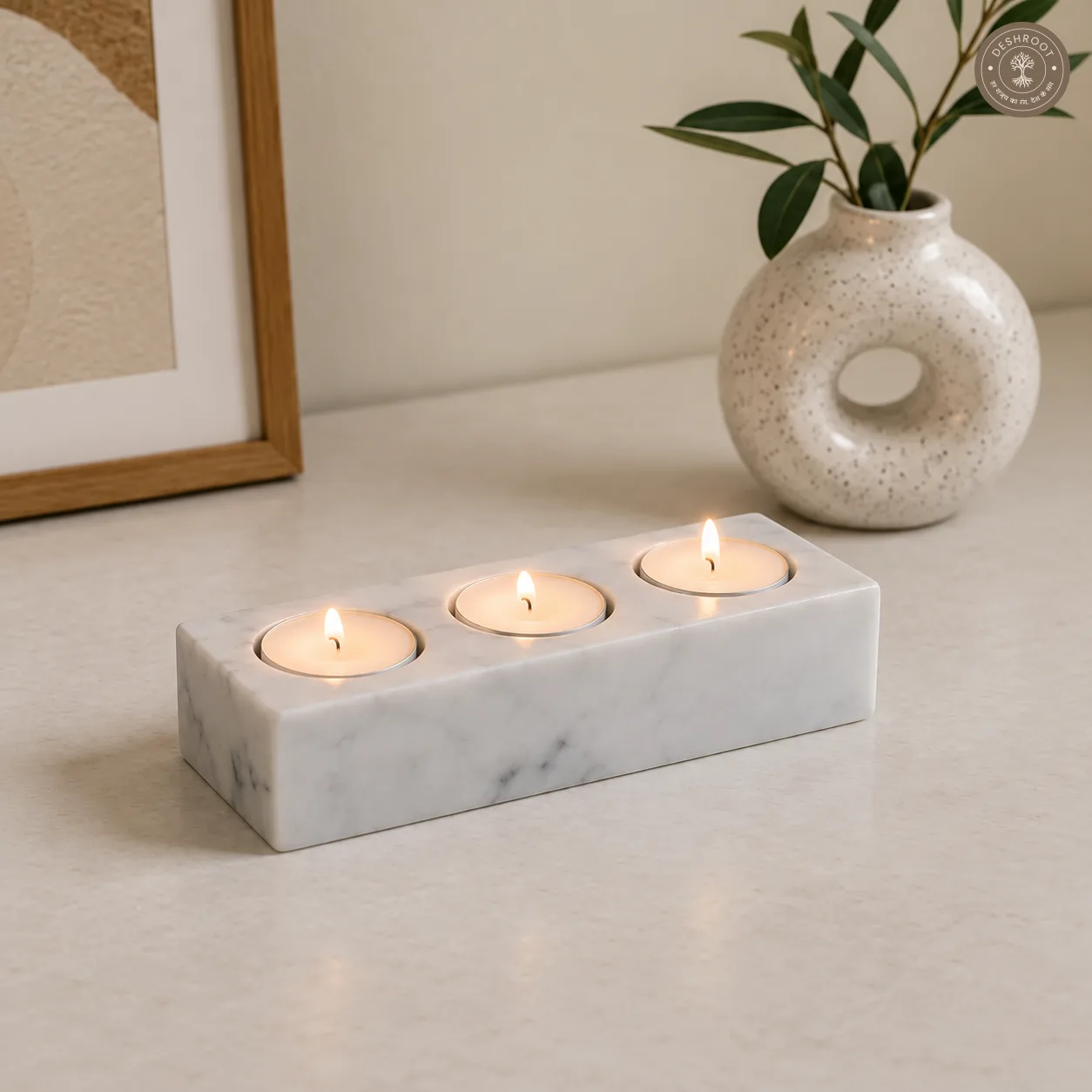 Handcrafted Sangmarmar Marble Triple Tealight Candle Holder