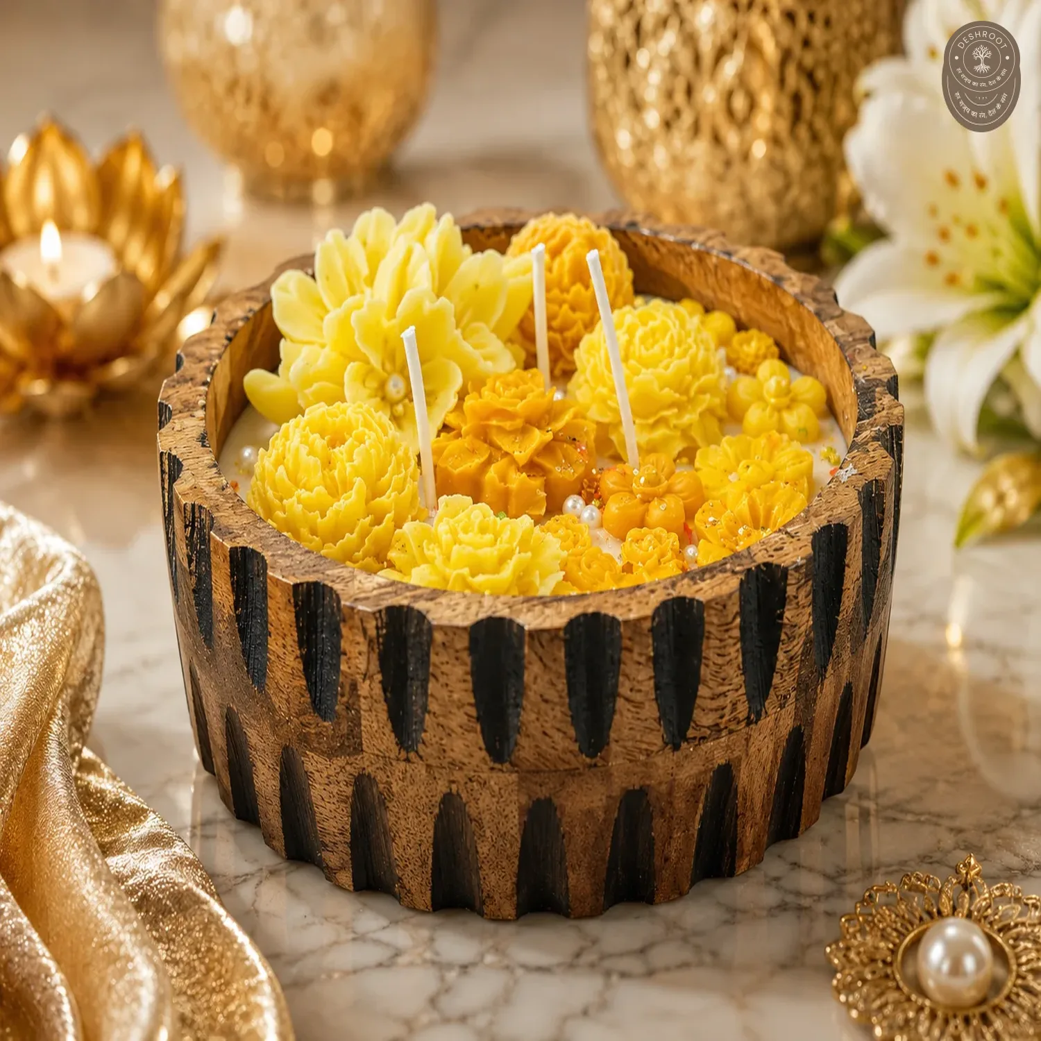 Luxury Yellow Floral Wooden Bowl Scented Candle