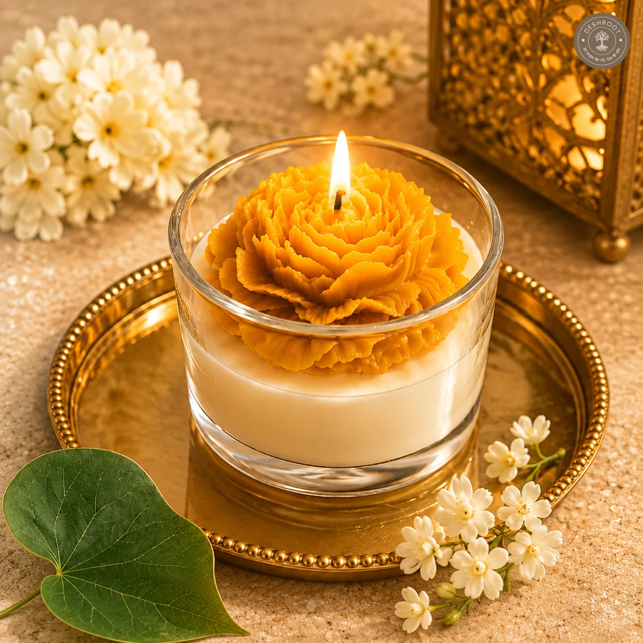 Yellow Peony Flower Scented Jar Candle - Decorative Floral Glass Candle