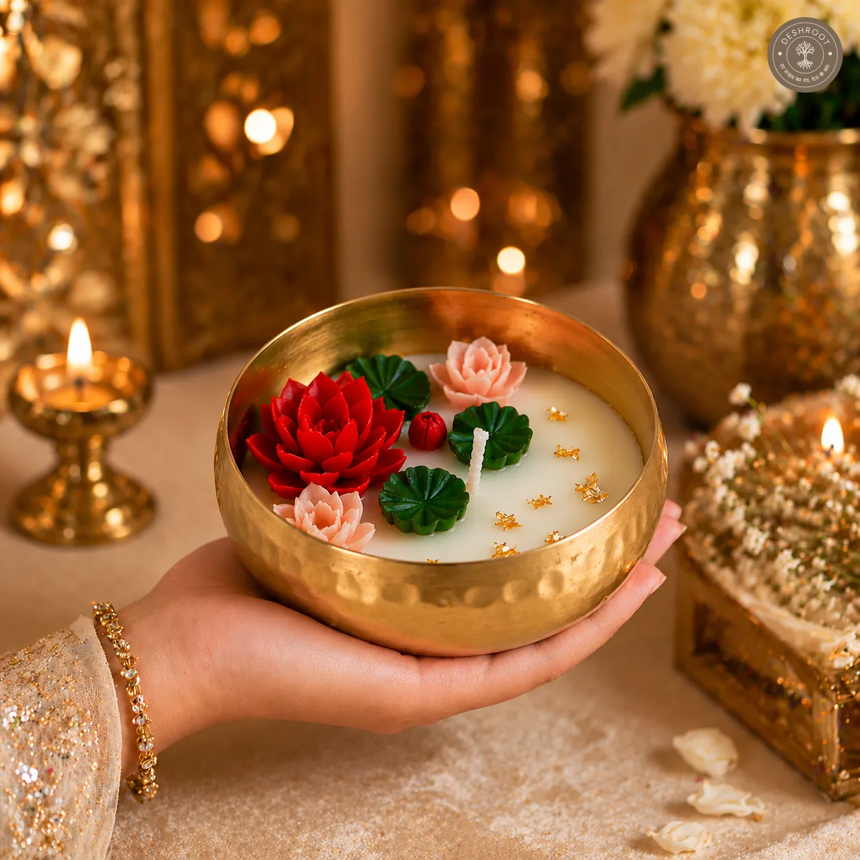 Timeless Elegance Handmade Brass Urli Candle with Floral Design – Hammered Decorative Urli with Wax Flowers
