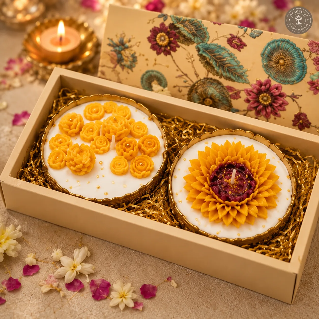 Luxury Urli Candle Gift Set of 2 - Decorative Floral Floating Candles in Premium Gift Box