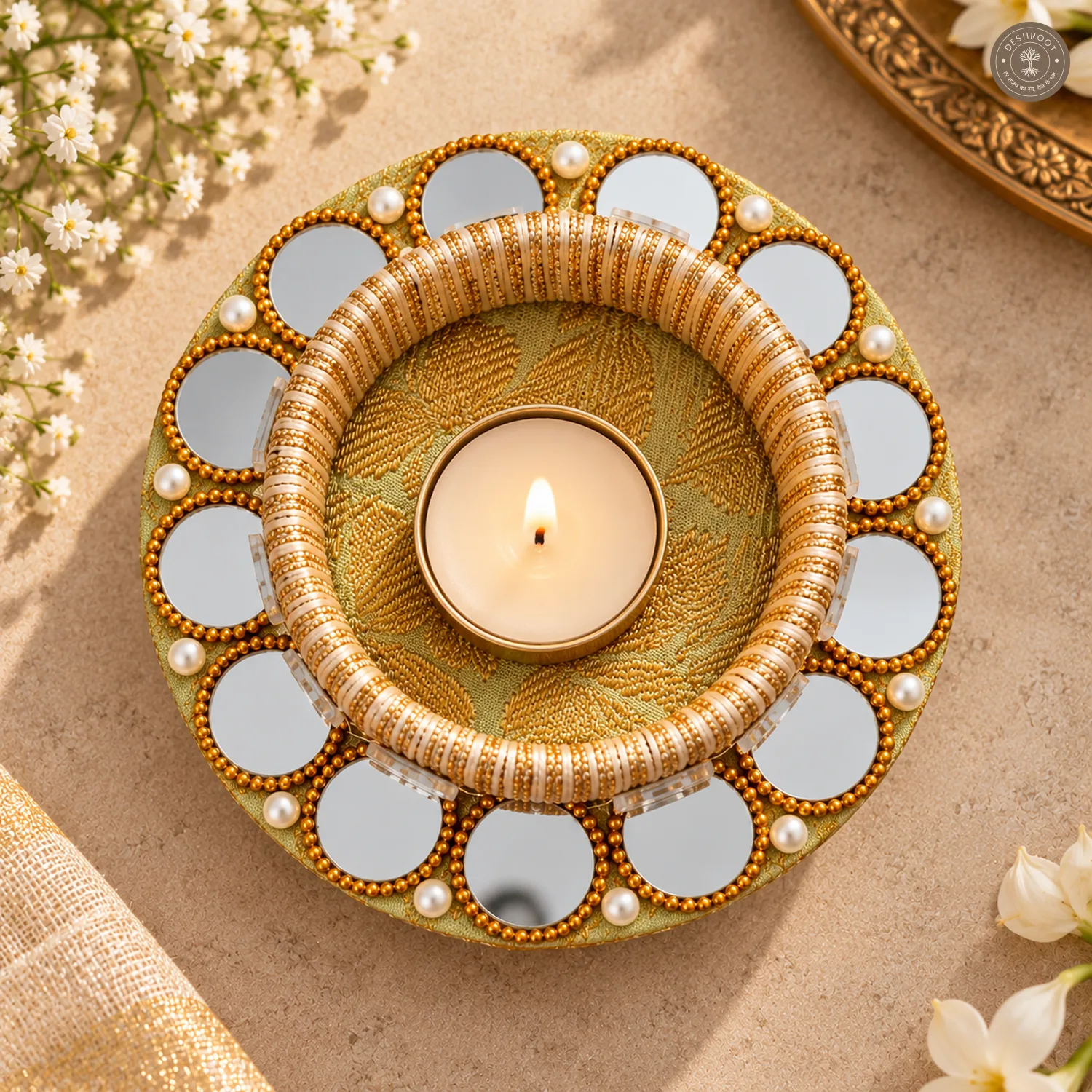Round Mirror Gold Bead Tea Light Holder