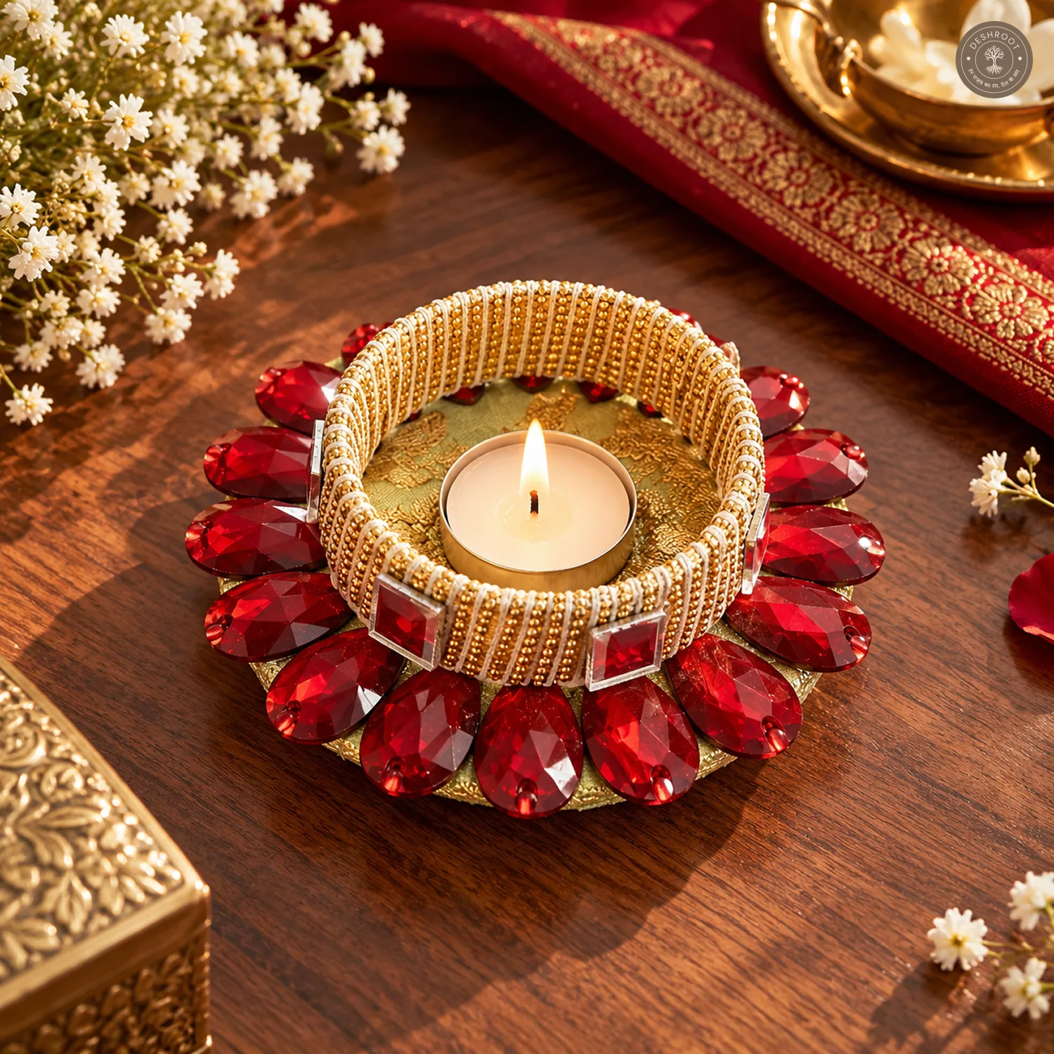 Ruby Red Crystal Petal Tea Light Holder