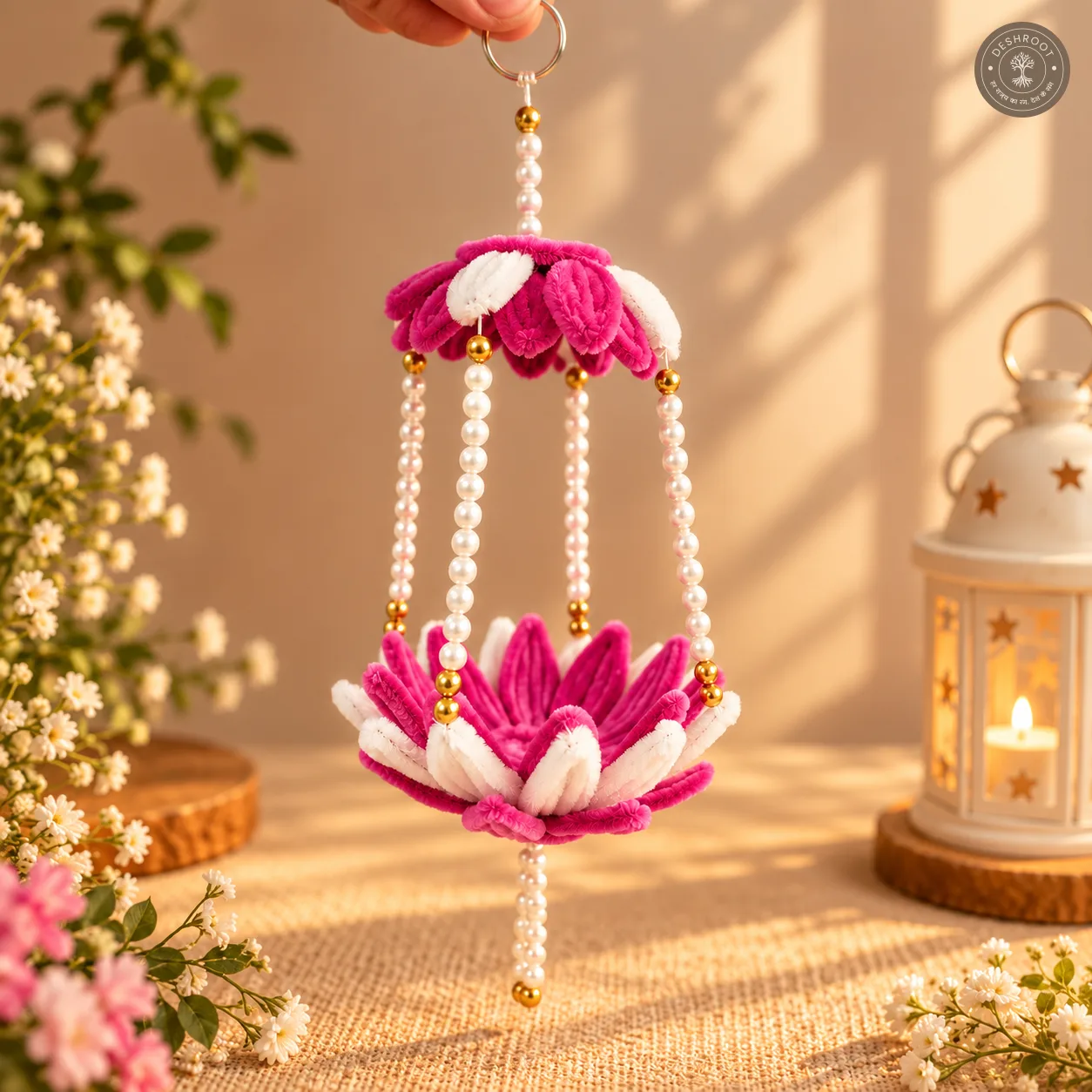 Handmade Diwali Hanging Lamp Holder with Pearl Beads | Pink & White Floral Decorative LED Light Holder