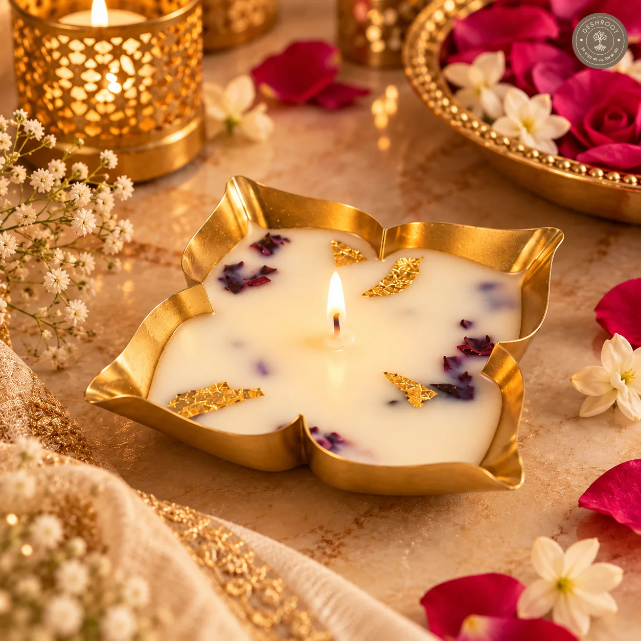 Premium Lotus Shaped Brass Urli Scented Candle